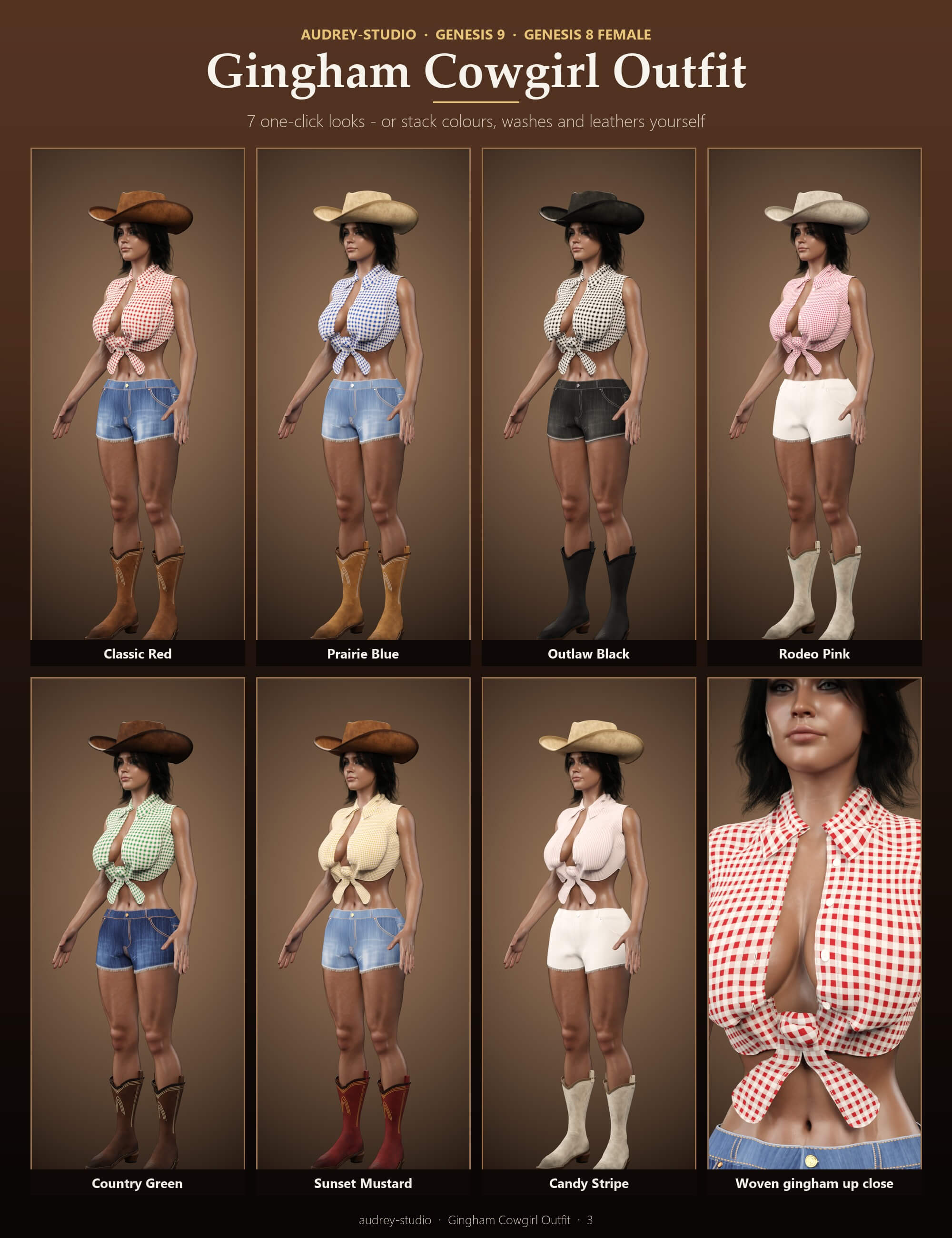 Gingham Cowgirl Outfit for Genesis 9 and Genesis 8 Female Daz Content