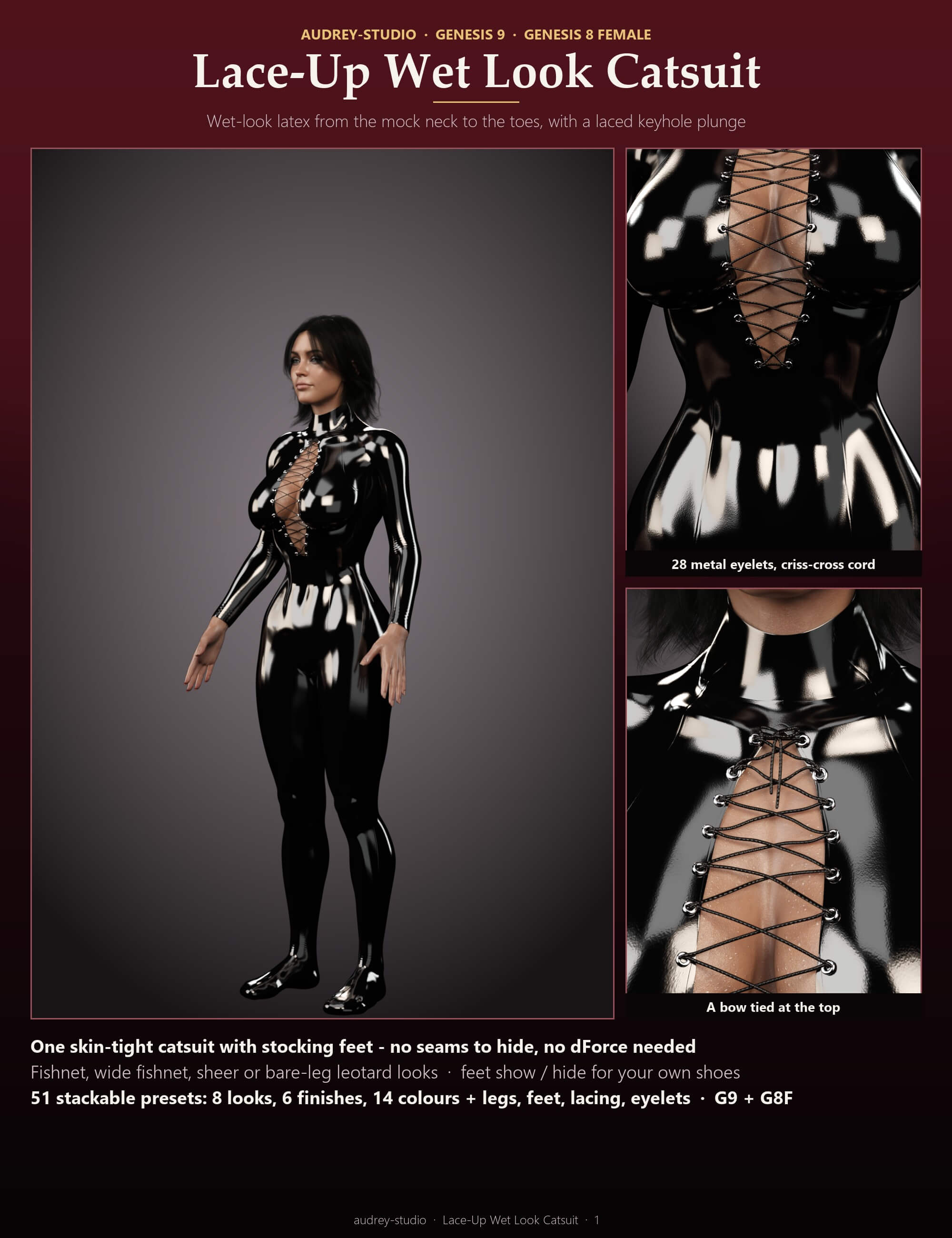 Lace-Up Wet Look Catsuit for Genesis 9 and Genesis 8 Female Daz Content