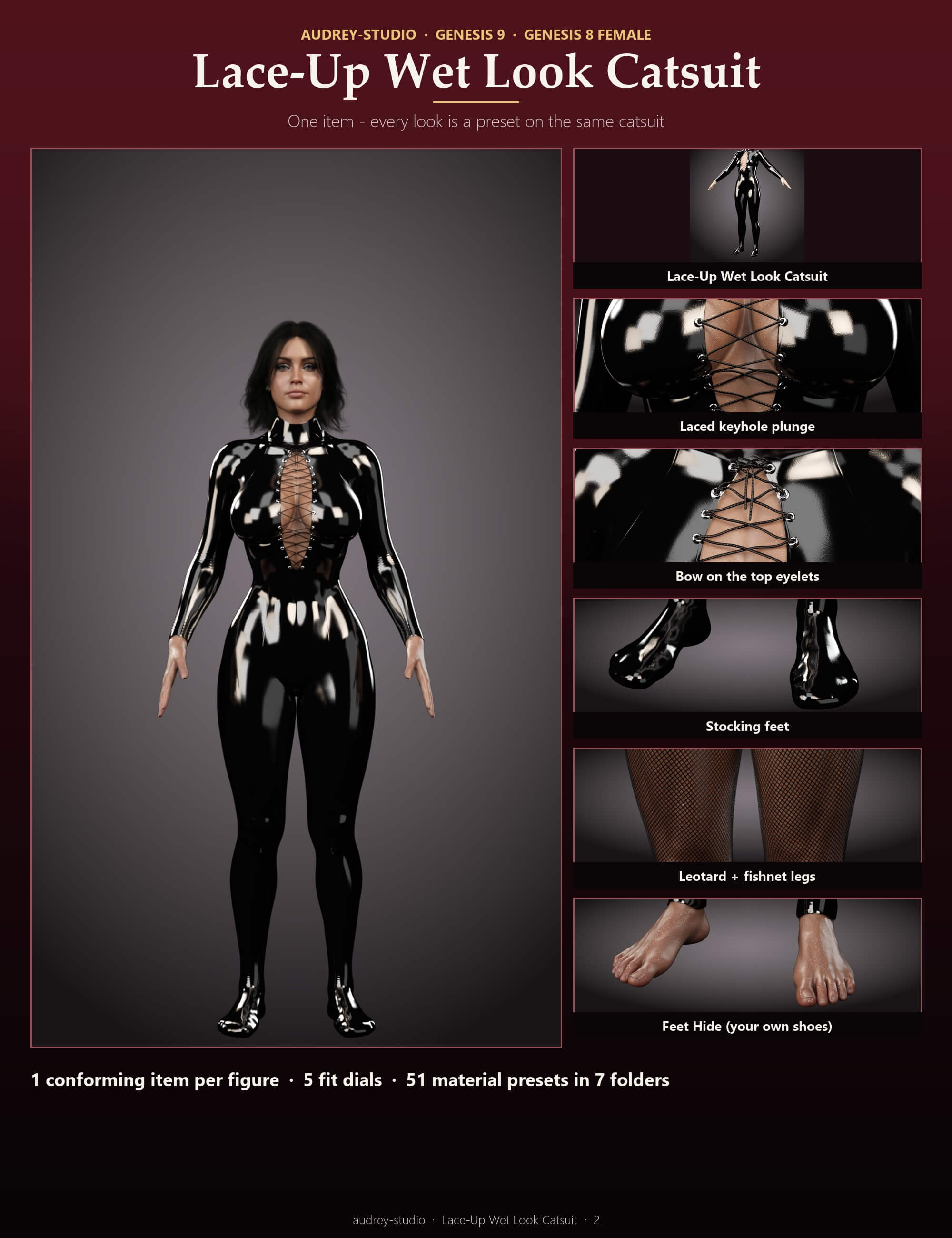 Lace-Up Wet Look Catsuit for Genesis 9 and Genesis 8 Female Daz Content