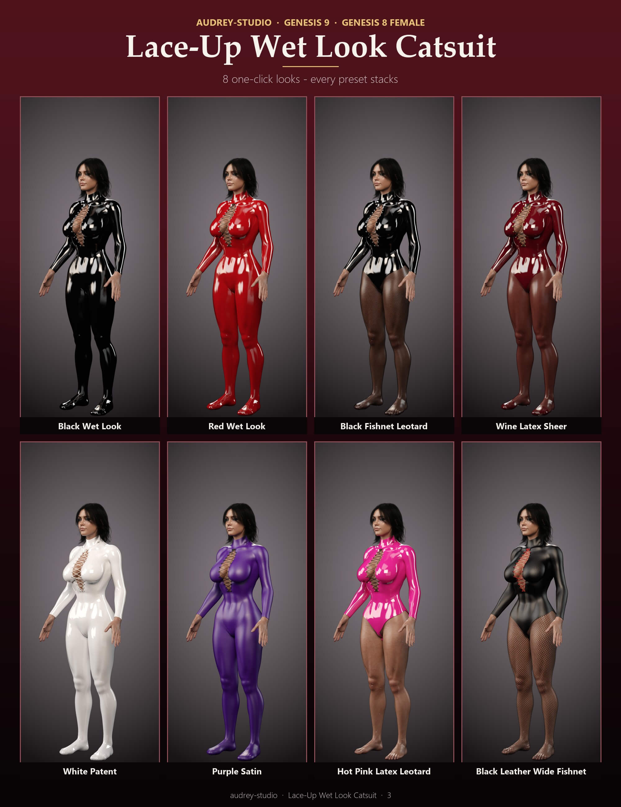 Lace-Up Wet Look Catsuit for Genesis 9 and Genesis 8 Female Daz Content