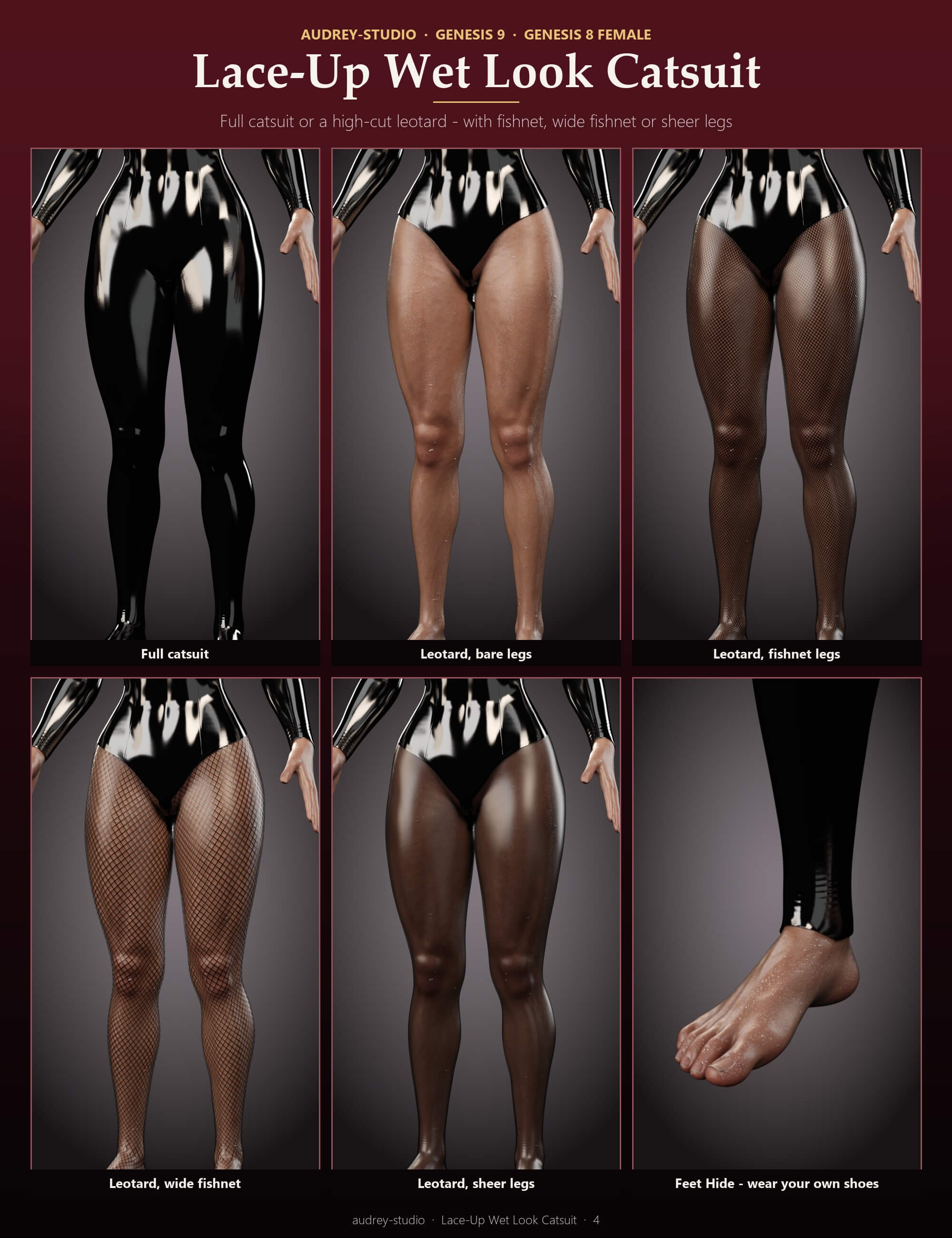Lace-Up Wet Look Catsuit for Genesis 9 and Genesis 8 Female Daz Content