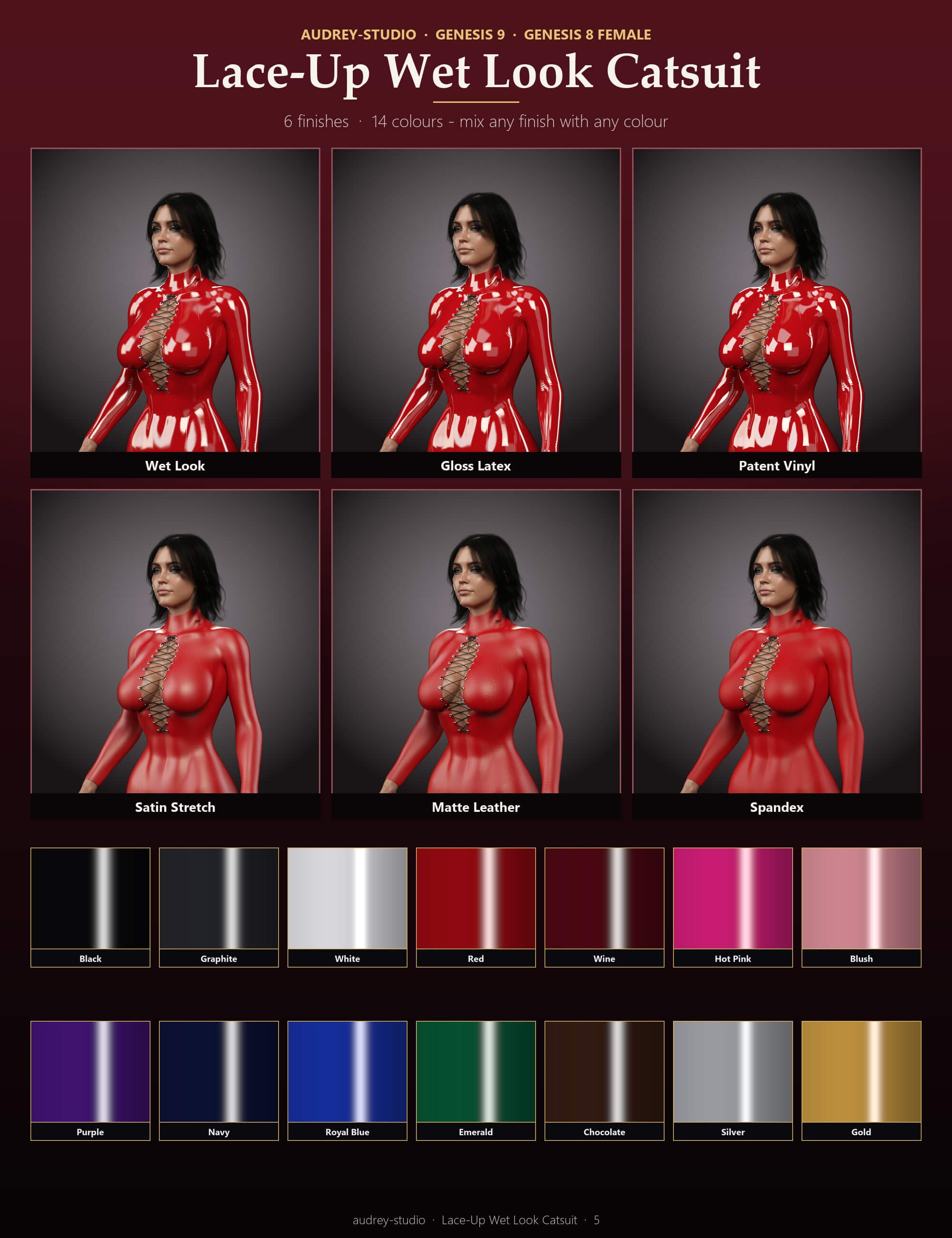 Lace-Up Wet Look Catsuit for Genesis 9 and Genesis 8 Female Daz Content