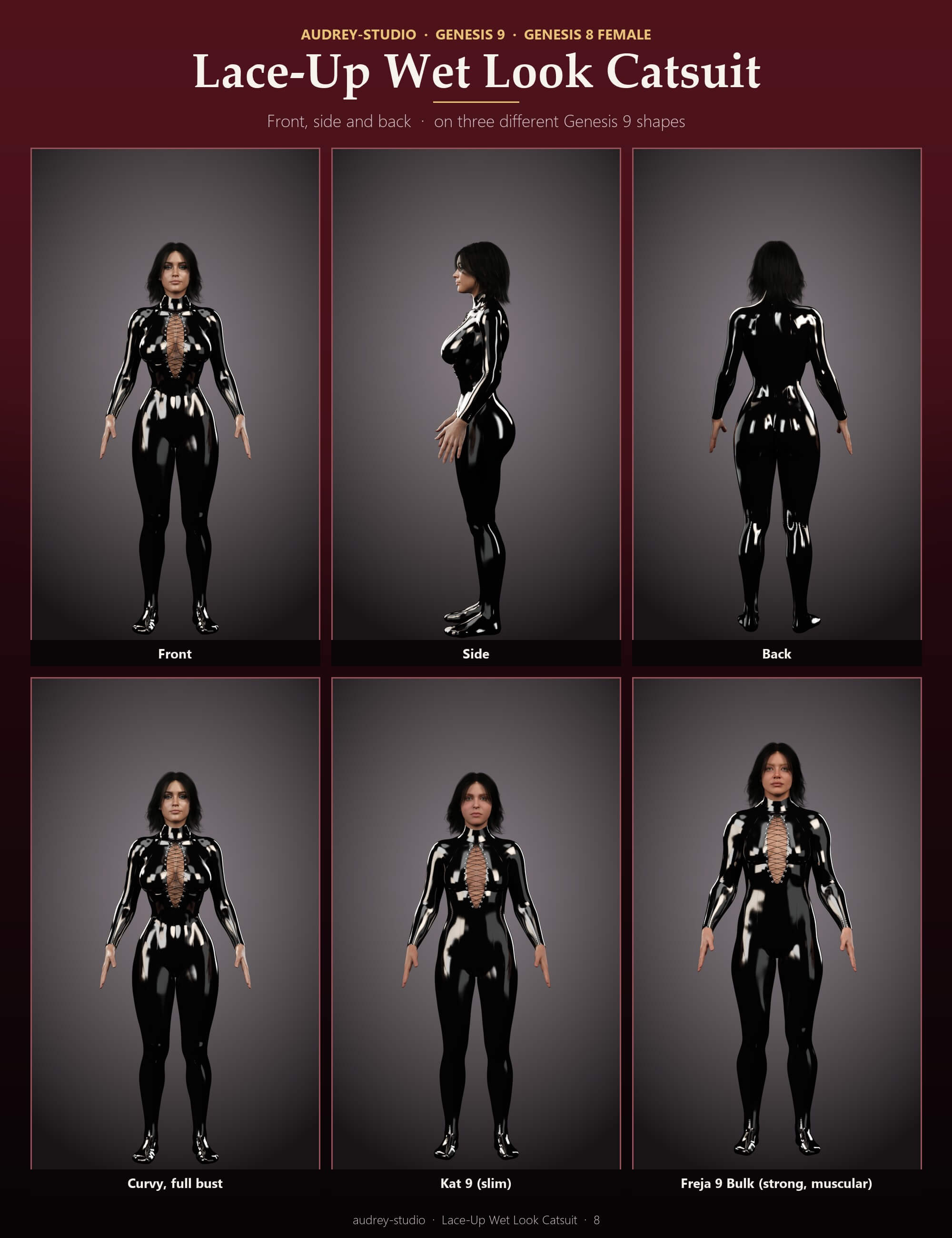 Lace-Up Wet Look Catsuit for Genesis 9 and Genesis 8 Female Daz Content