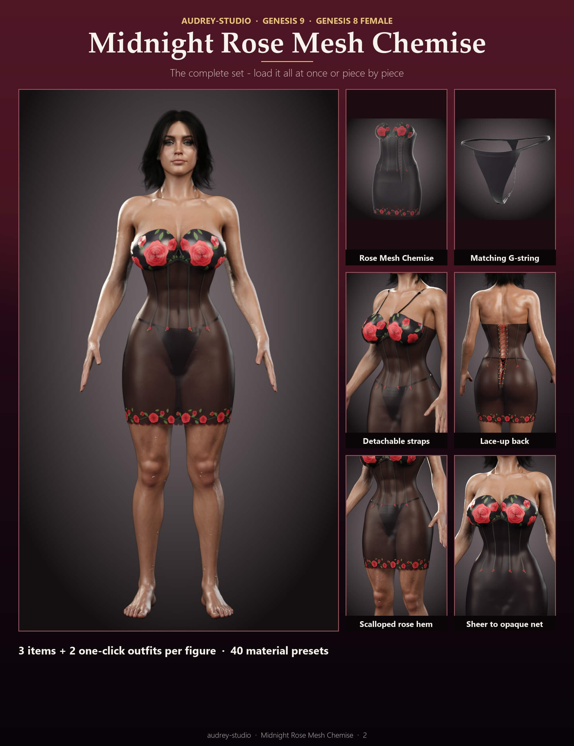 Midnight Rose Mesh Chemise for Genesis 9 and 8 Female Daz Content