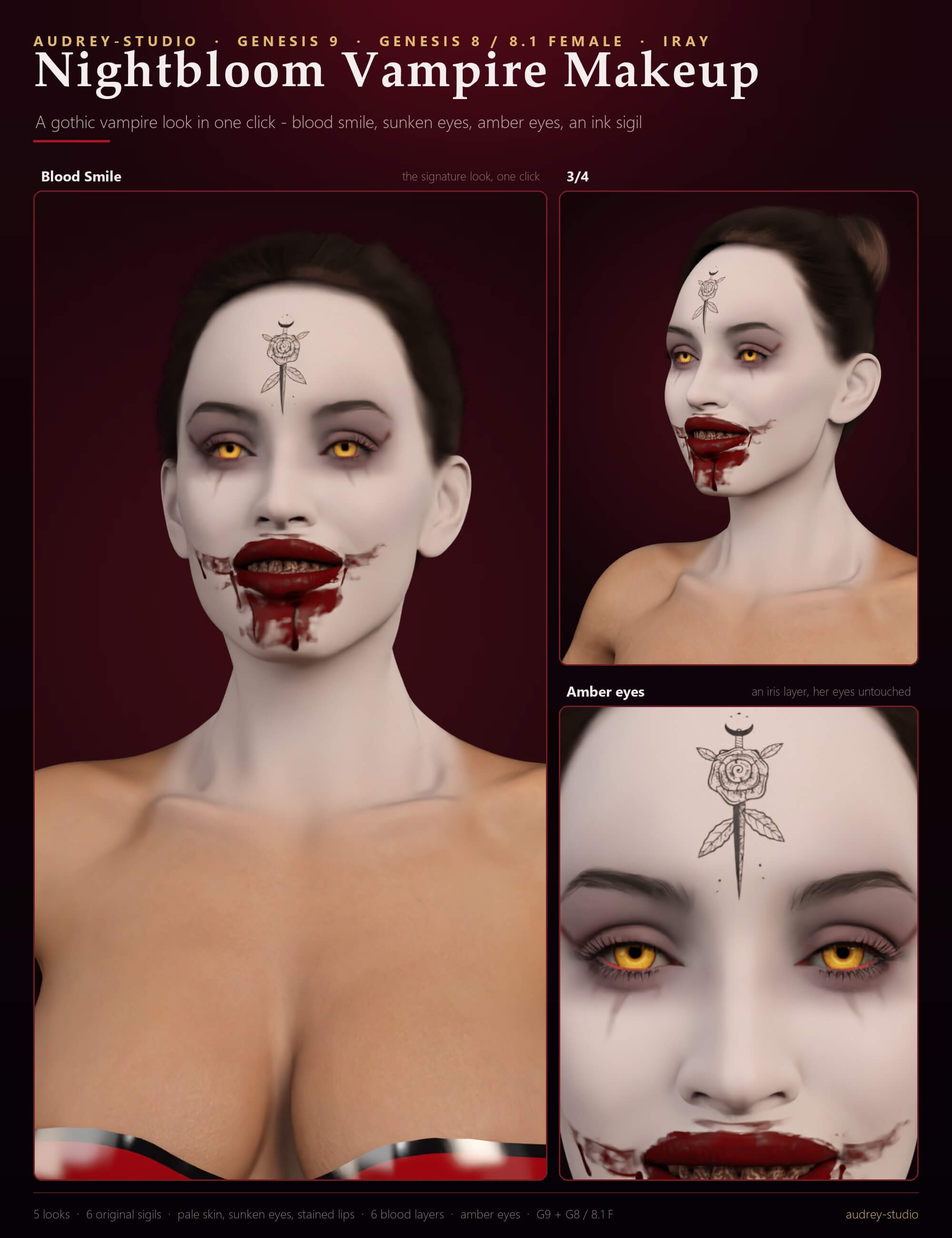 Nightbloom Vampire Makeup - Blood Smile Sunken Eyes Amber Daz Content