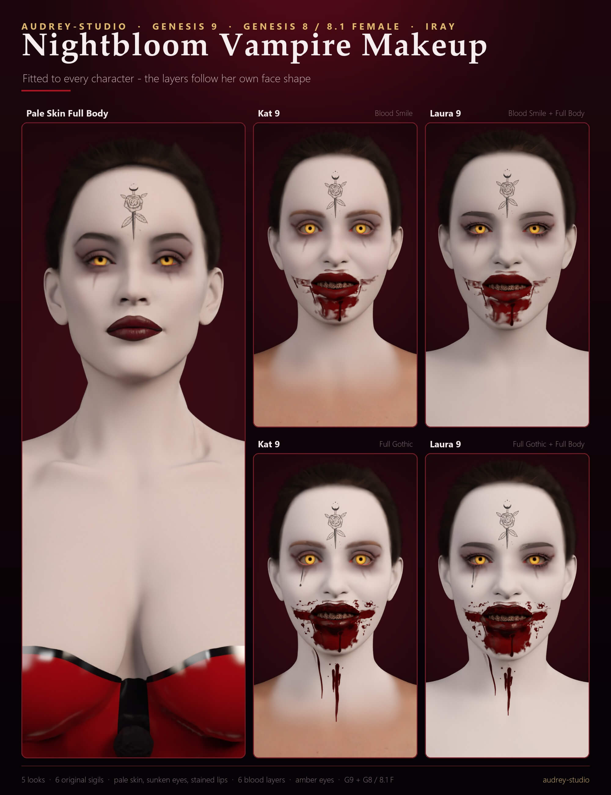 Nightbloom Vampire Makeup - Blood Smile Sunken Eyes Amber Daz Content