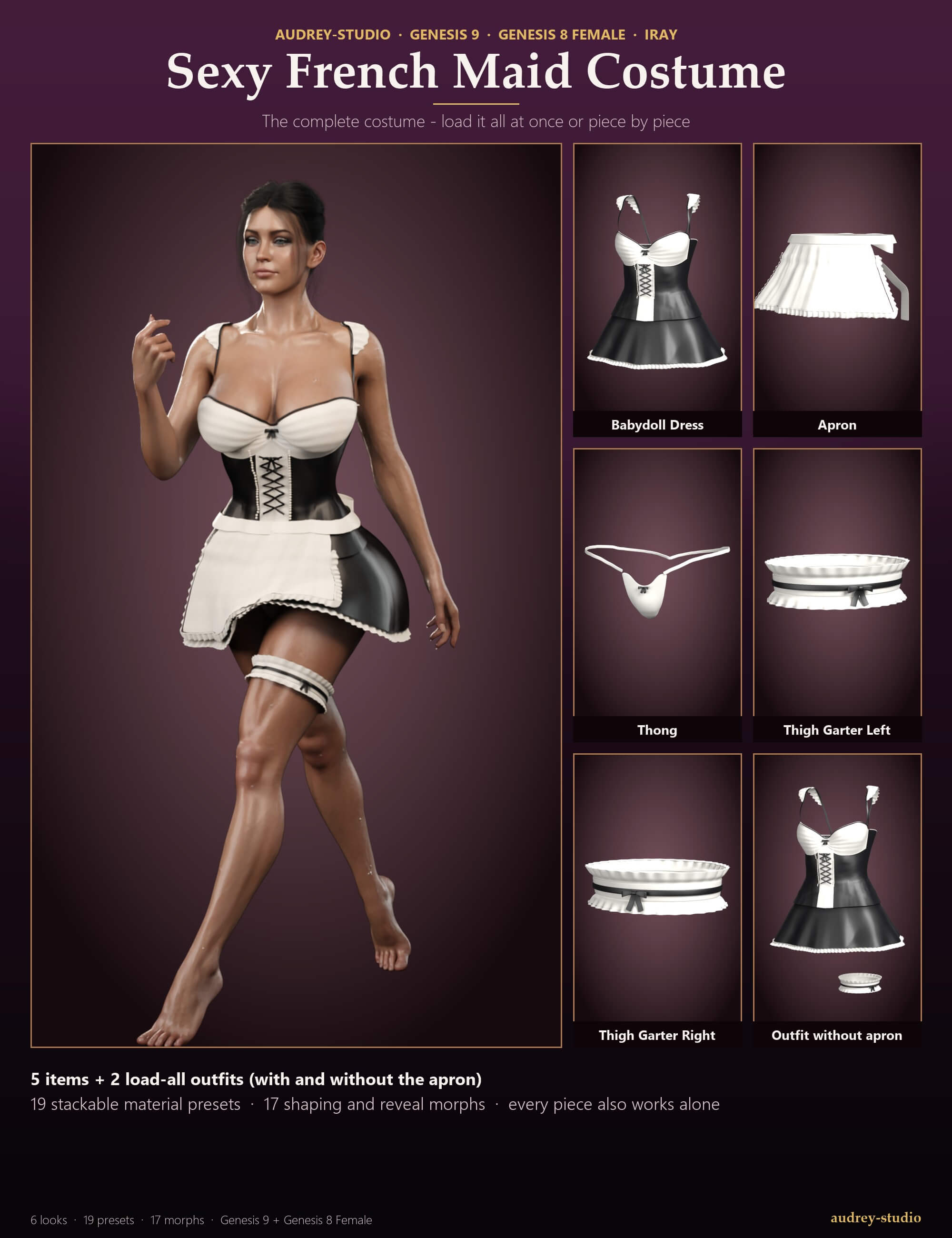 Sexy French Maid Costume for Genesis 9 and Genesis 8 Female Daz Content