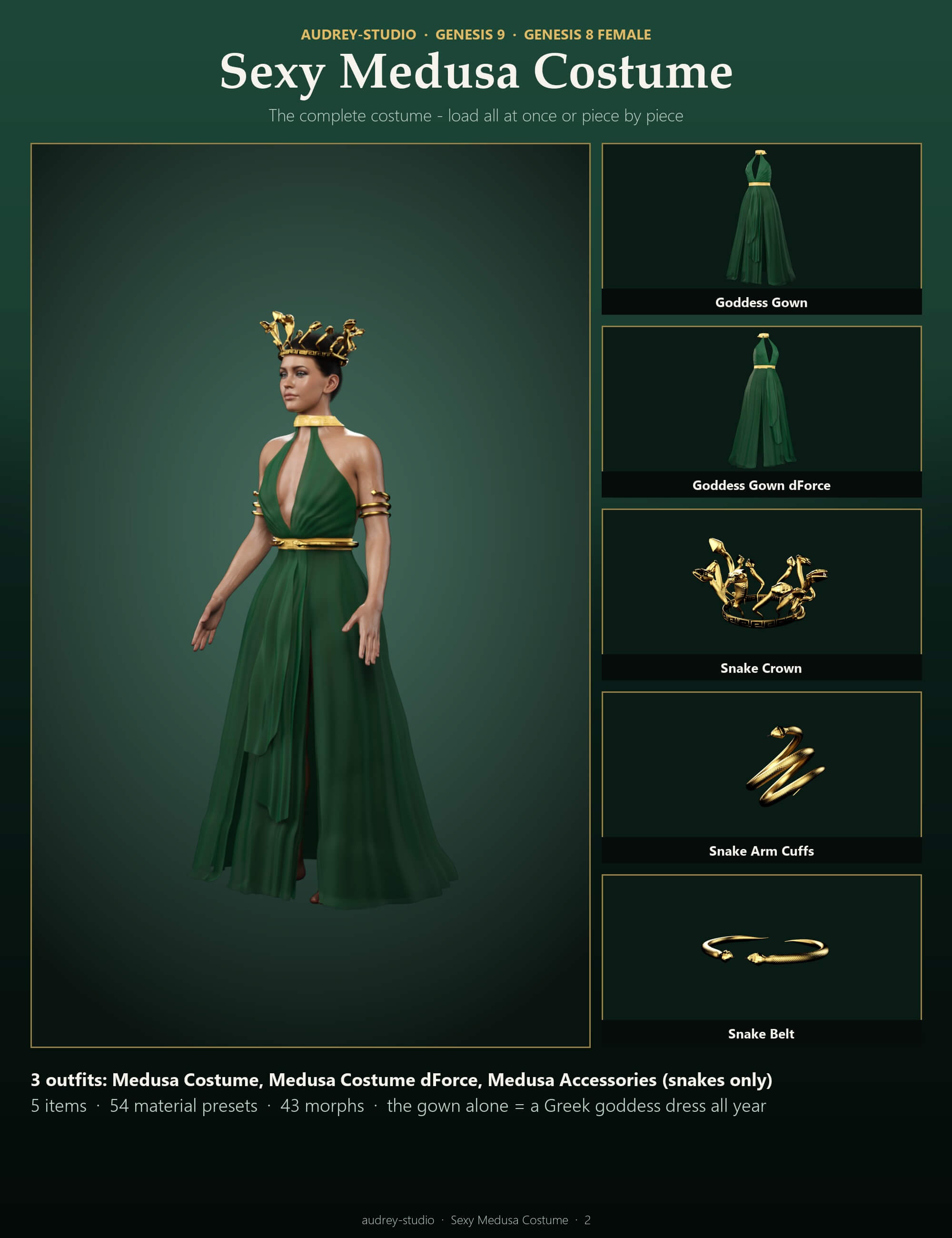 Sexy Medusa Costume with dForce Gown for G9 G8F Daz Content