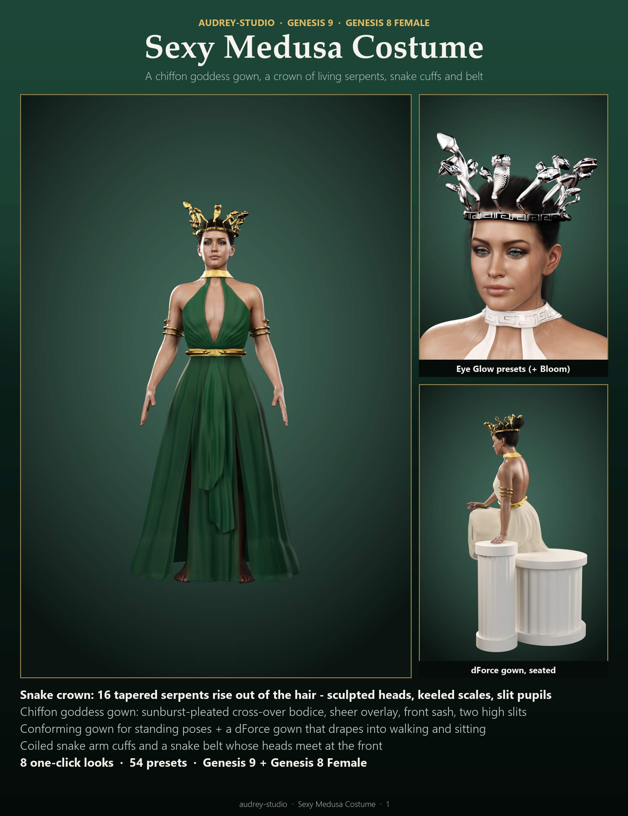 Sexy Medusa Costume with dForce Gown for G9 G8F Daz Content