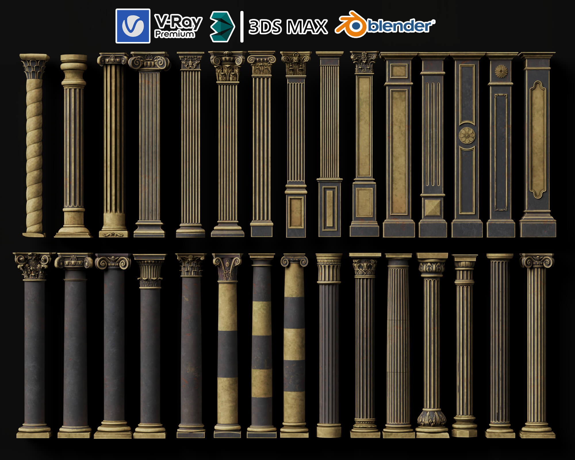 Aged Classical Stone Column Set 3D Model