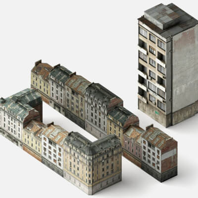 Aged European Apartment Building Blocks 3D Model
