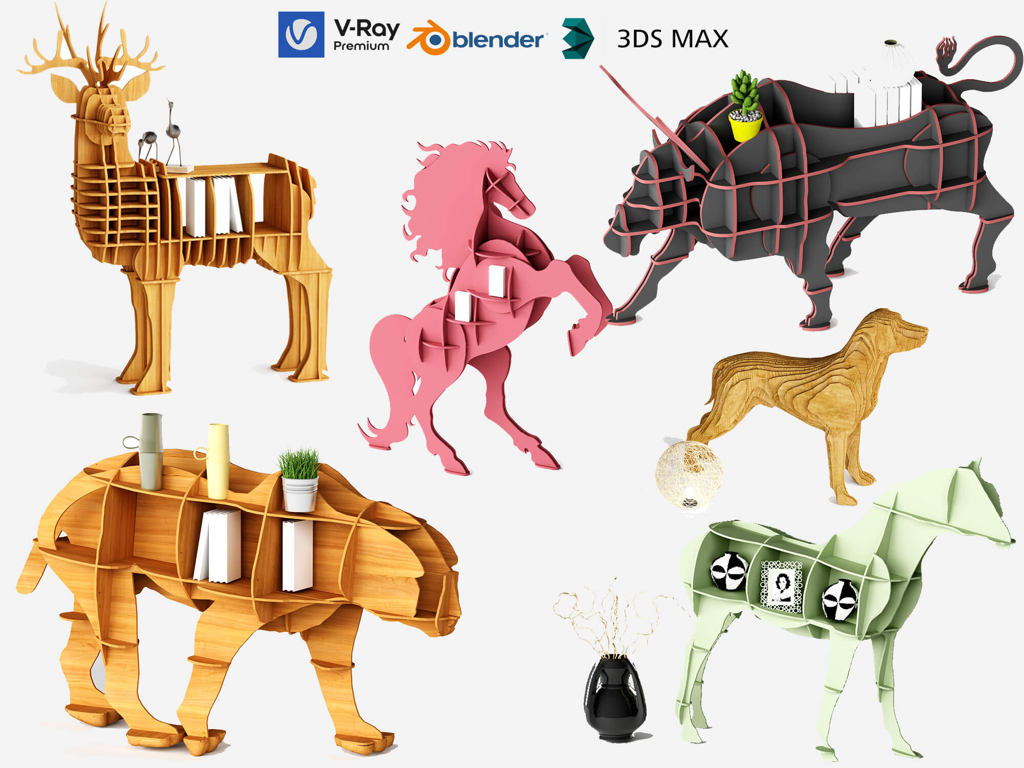 Animal Shaped Wooden Shelves 3D Model 3D Model