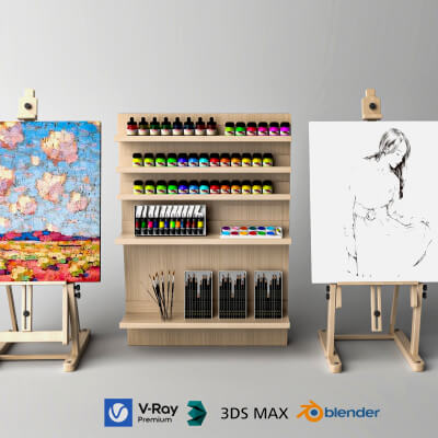 Art Studio Easel and Paint Supplies 3D Model
