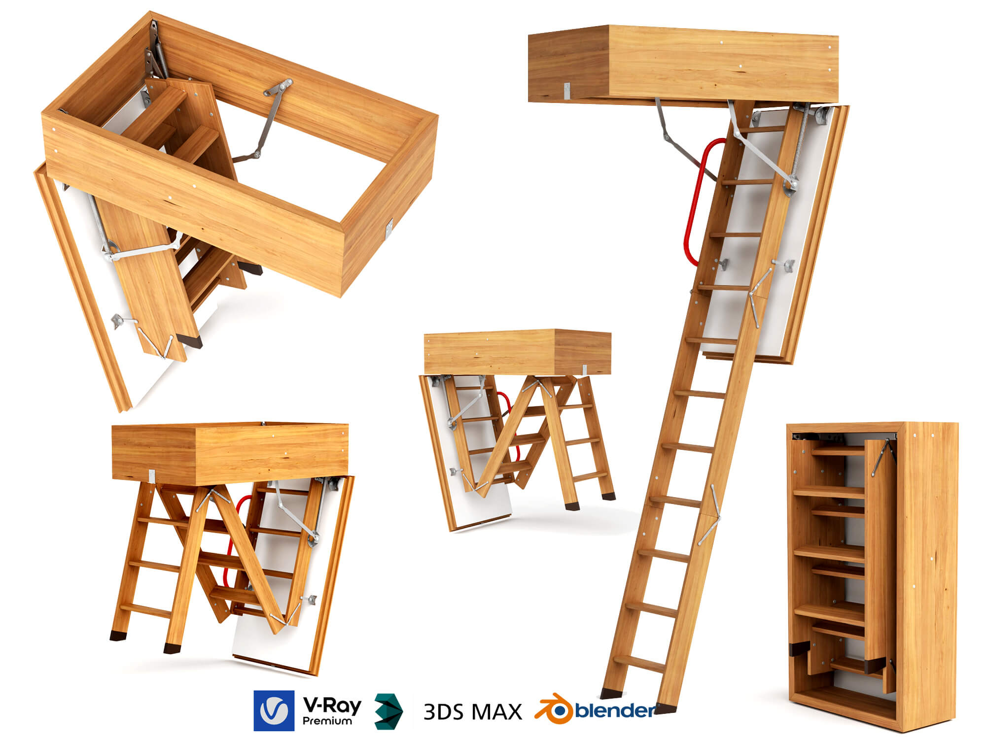 Attic Folding Wooden Staircase 3D Model