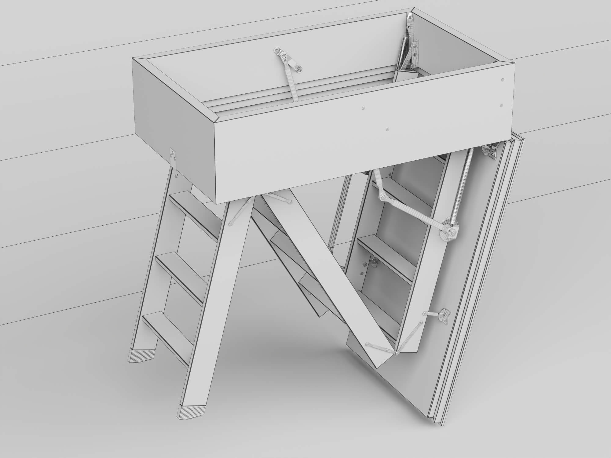 Attic Folding Wooden Staircase 3D Model