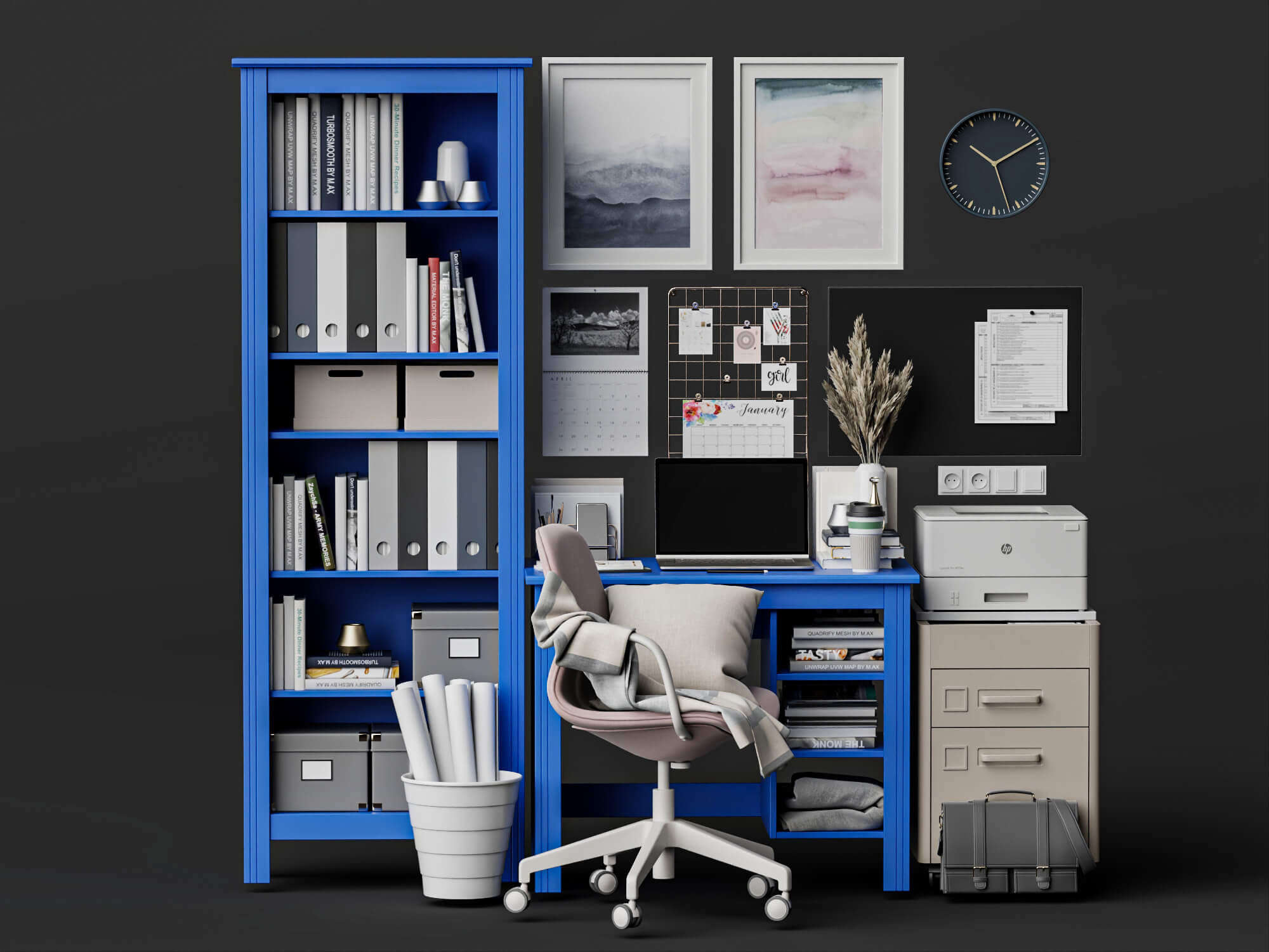 Bright Blue Home Office Furniture Set 3D Model