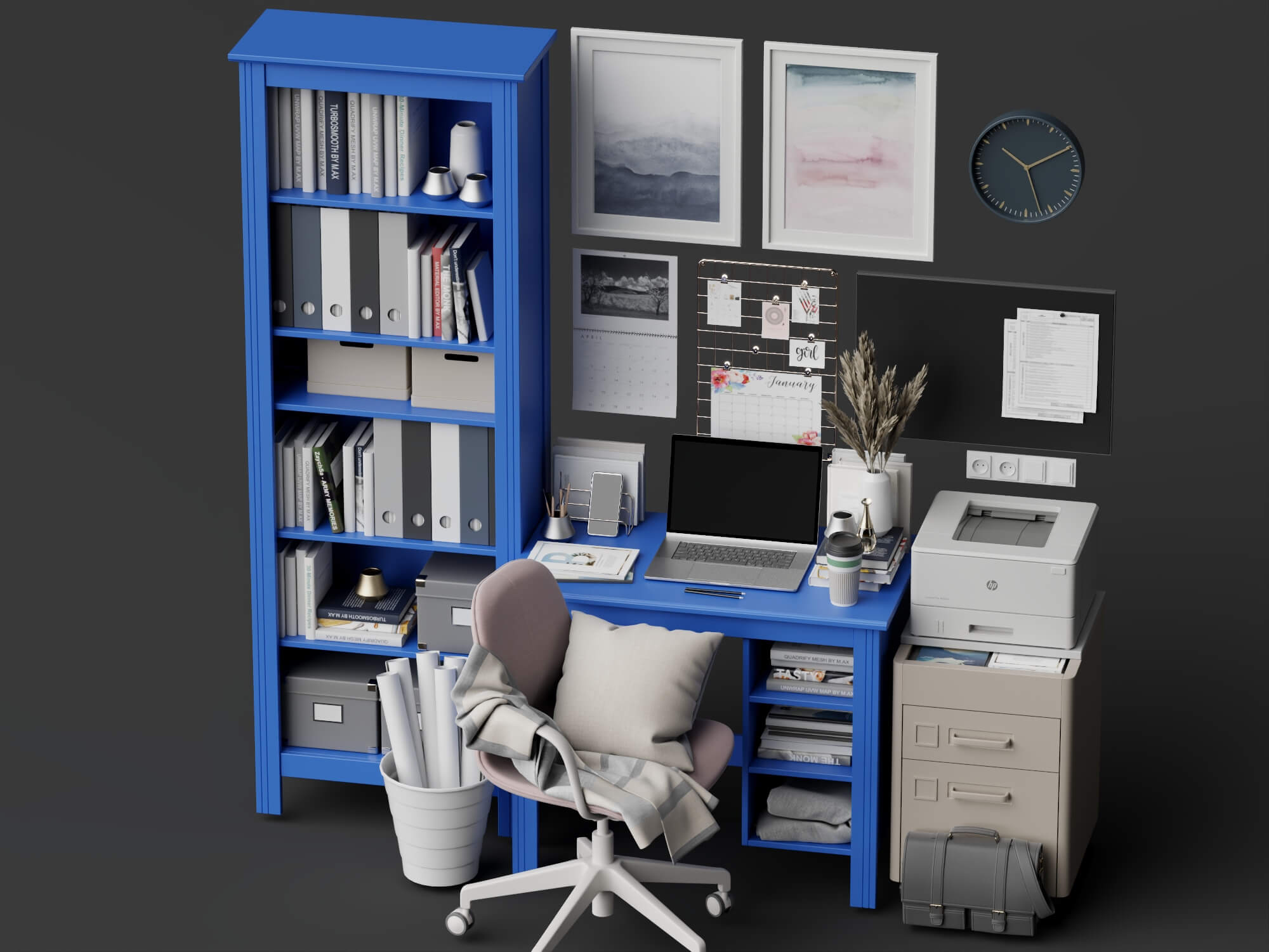 Bright Blue Home Office Furniture Set 3D Model