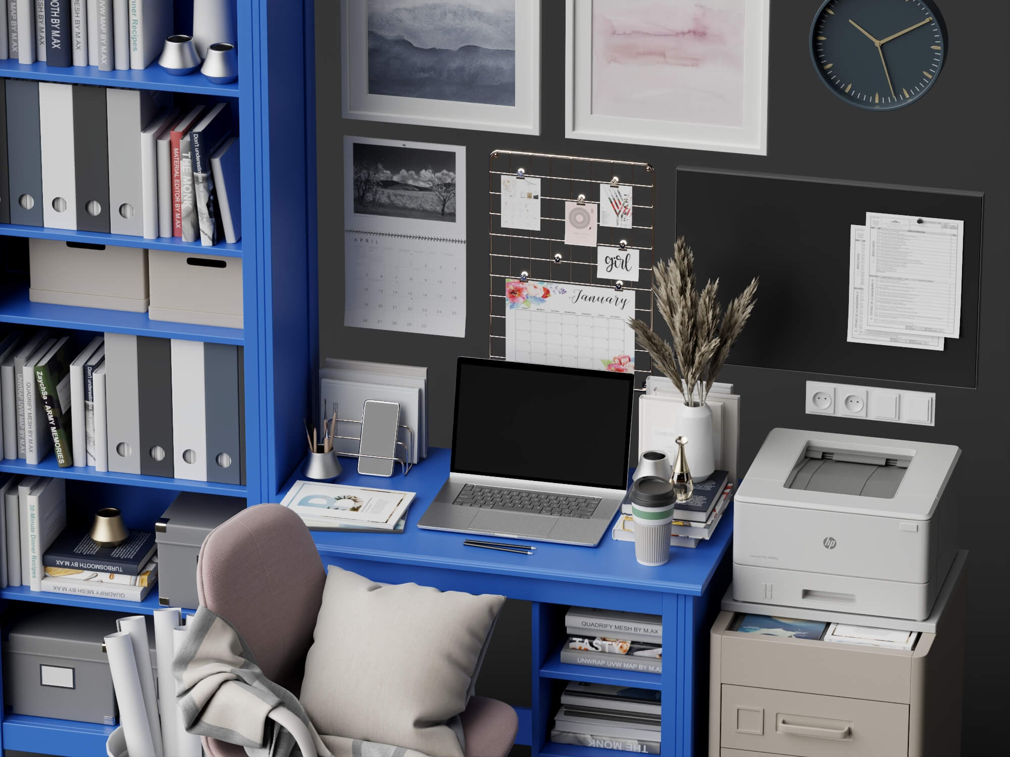 Bright Blue Home Office Furniture Set 3D Model