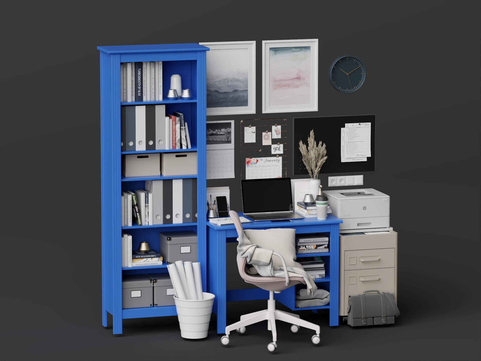 Bright Blue Home Office Furniture Set 3D Model