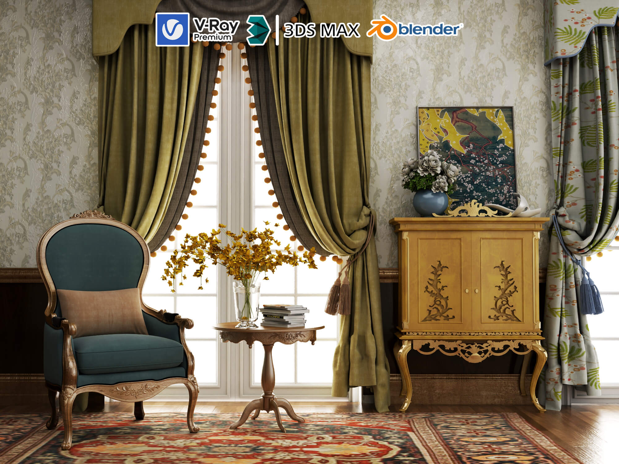 Classic Vintage Living Room Furniture Set 3D Model
