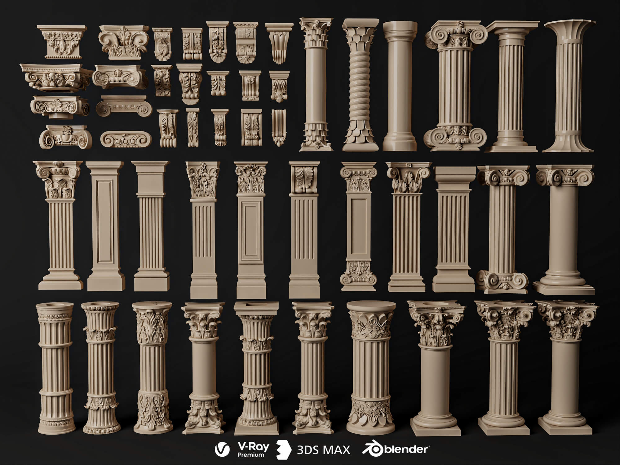 Classical Plaster Columns and Capitals Pack 3D Model