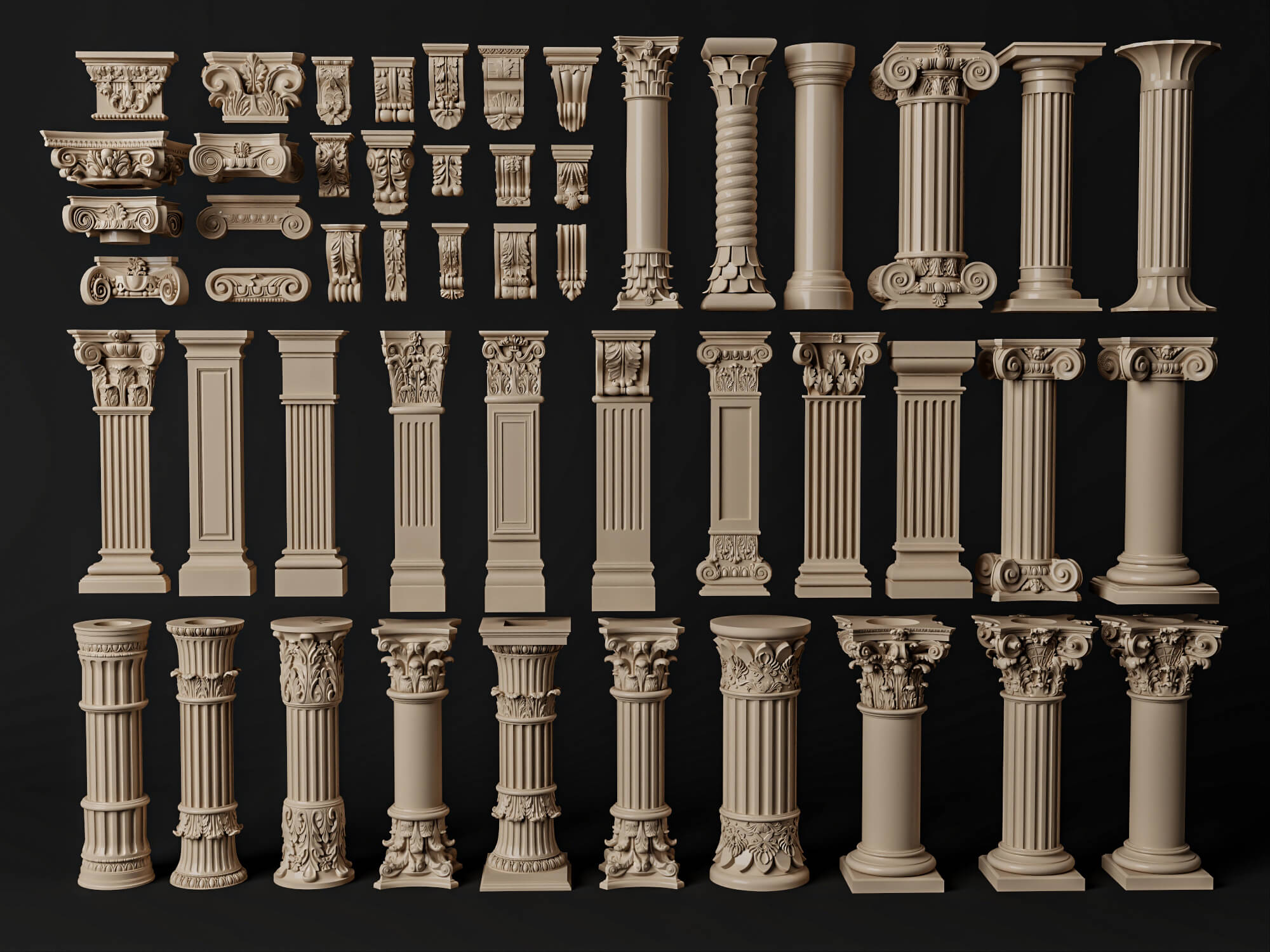 Classical Plaster Columns and Capitals Pack 3D Model