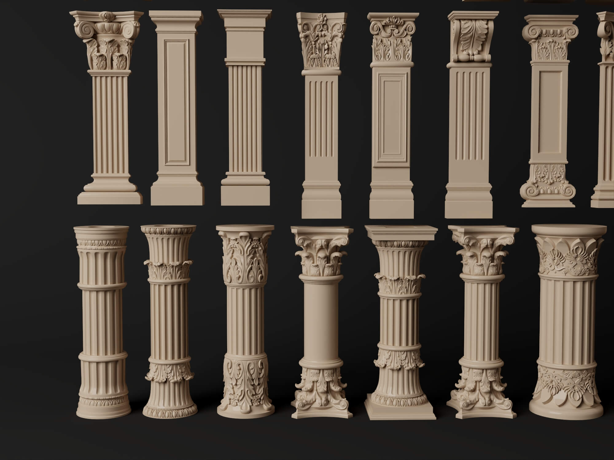Classical Plaster Columns and Capitals Pack 3D Model