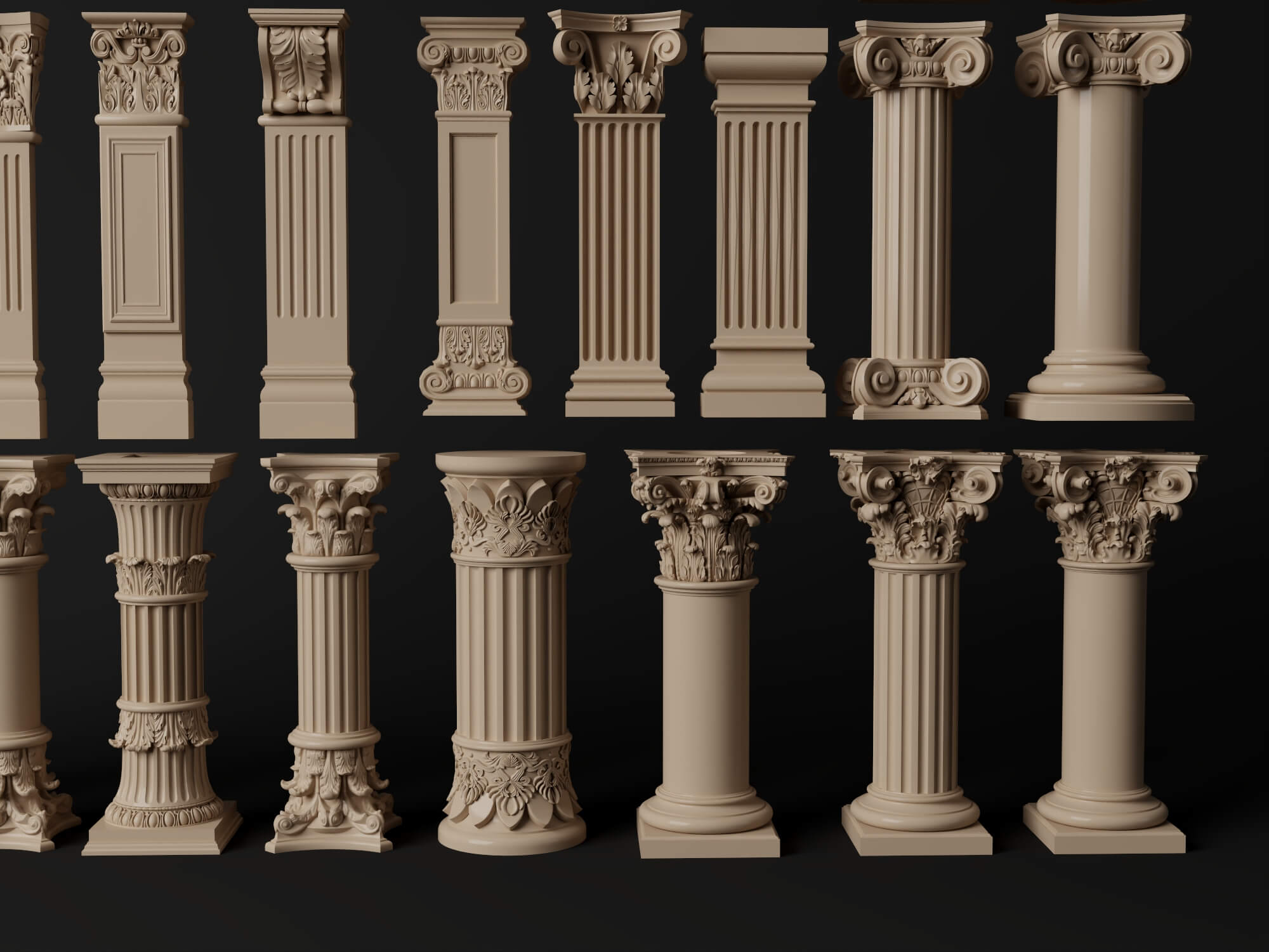 Classical Plaster Columns and Capitals Pack 3D Model