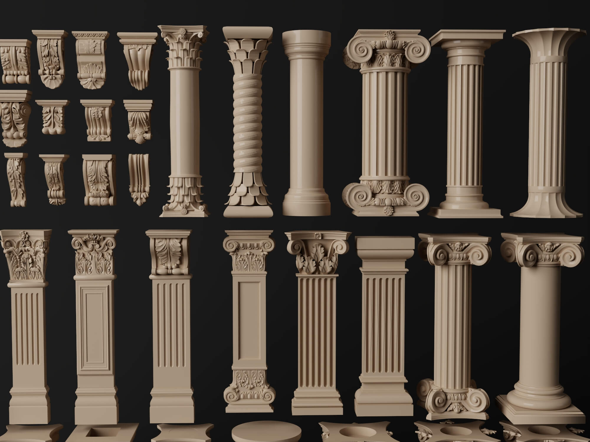 Classical Plaster Columns and Capitals Pack 3D Model