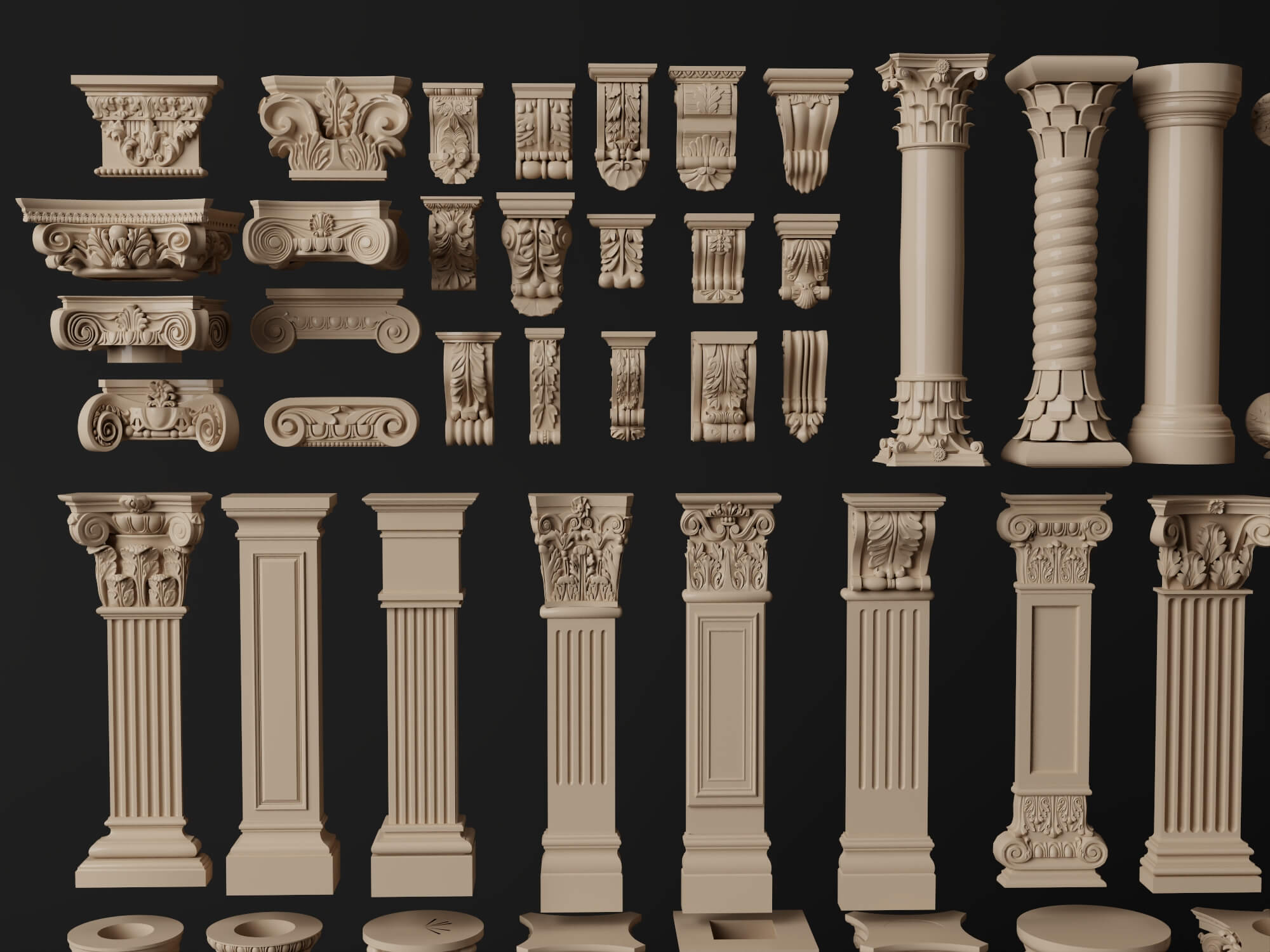 Classical Plaster Columns and Capitals Pack 3D Model