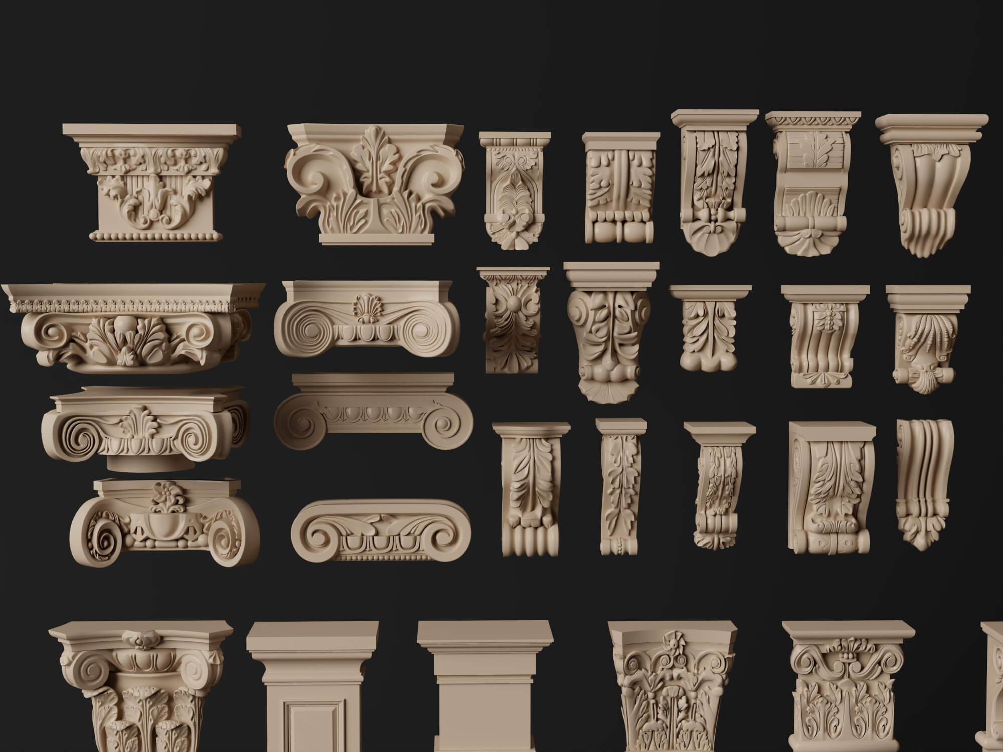 Classical Plaster Columns and Capitals Pack 3D Model