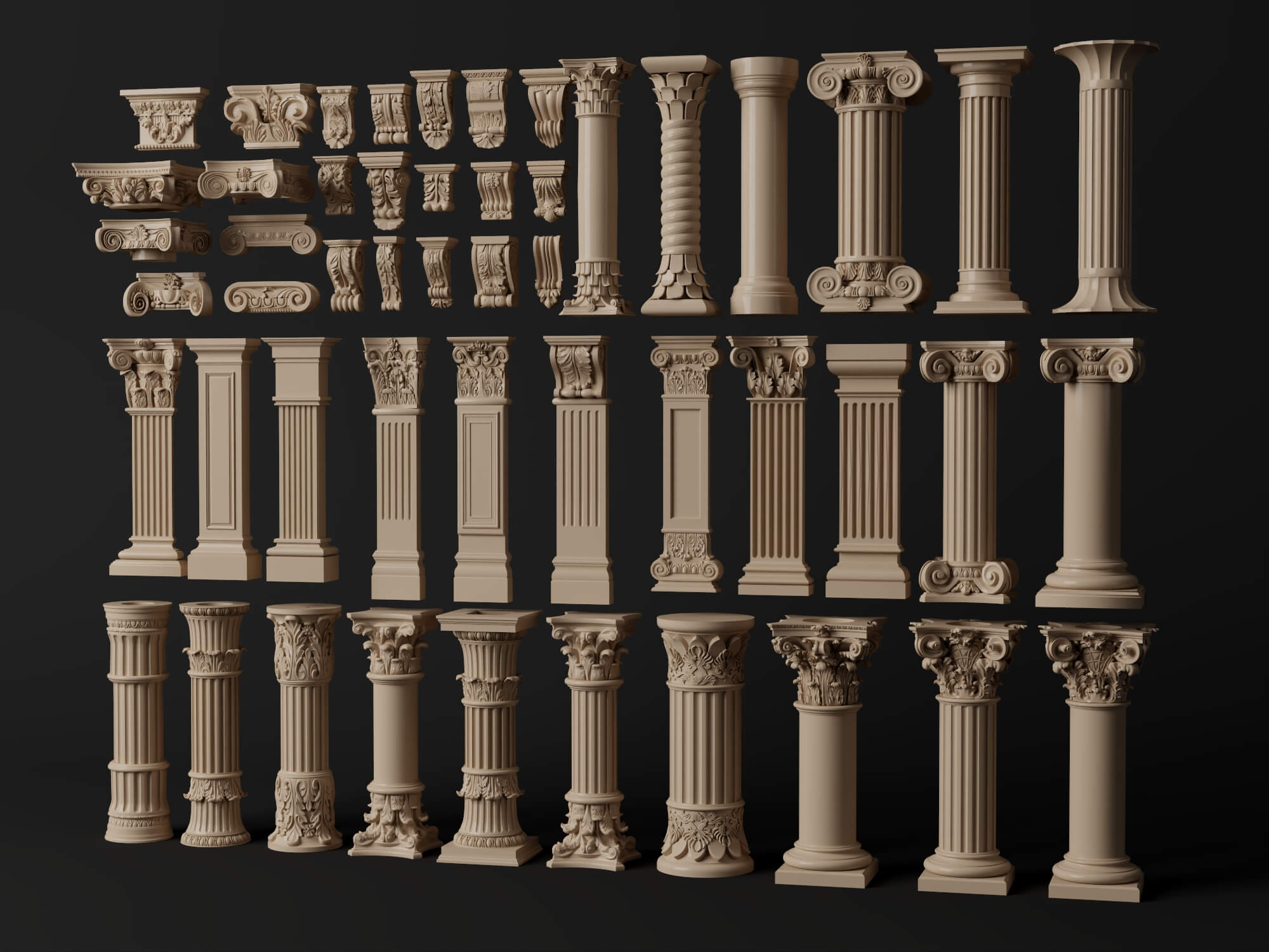 Classical Plaster Columns and Capitals Pack 3D Model