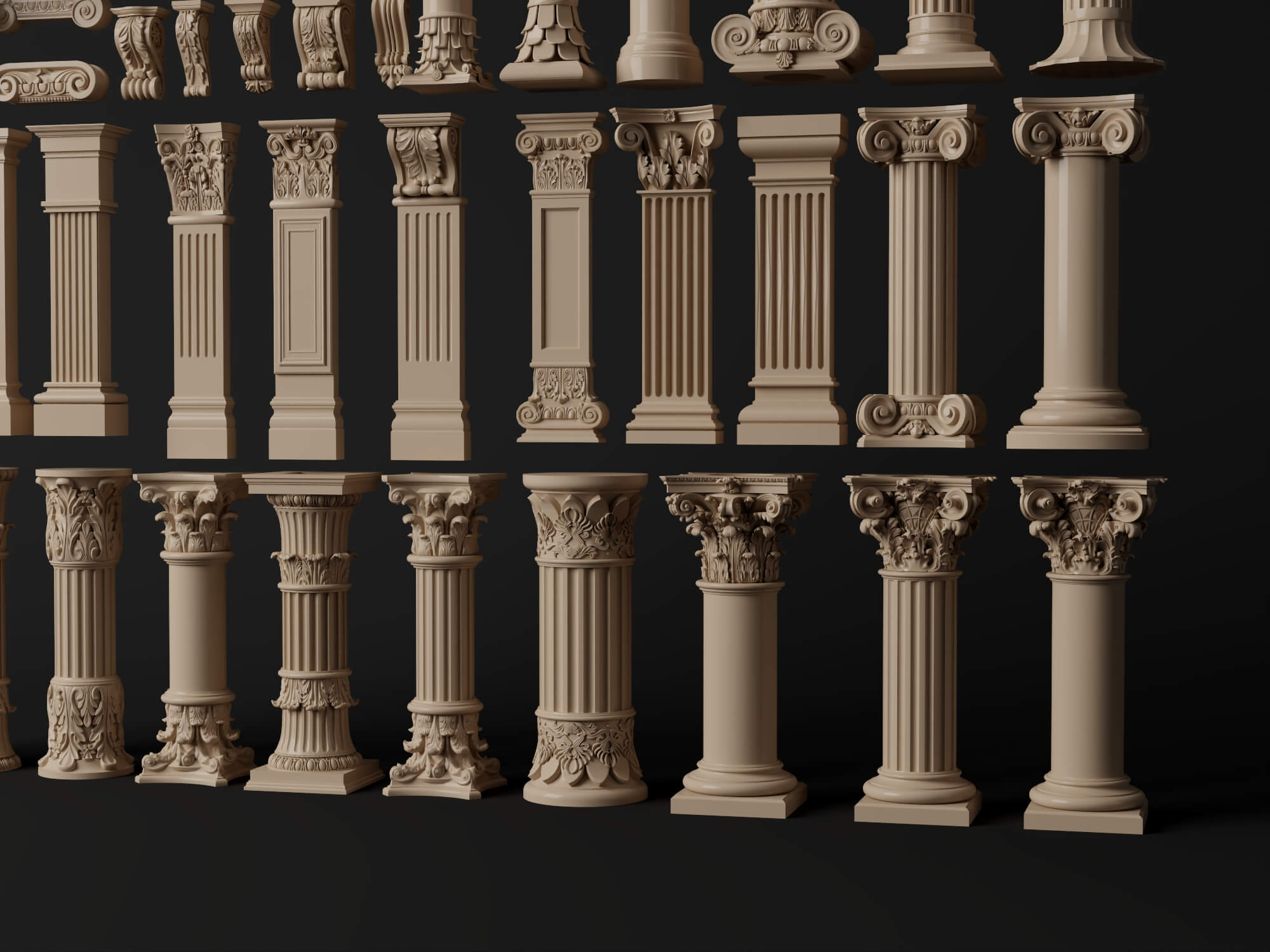 Classical Plaster Columns and Capitals Pack 3D Model