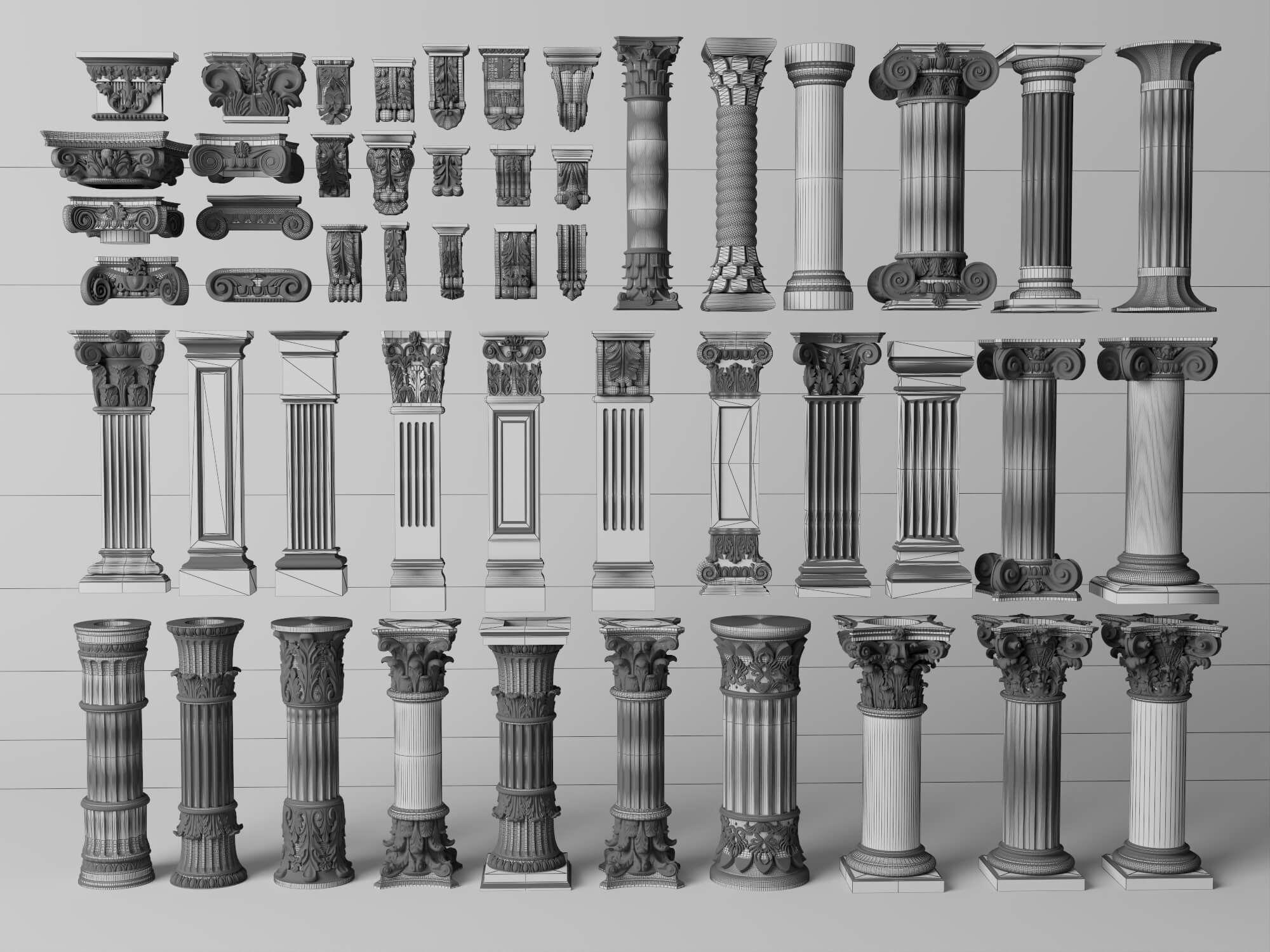 Classical Plaster Columns and Capitals Pack 3D Model