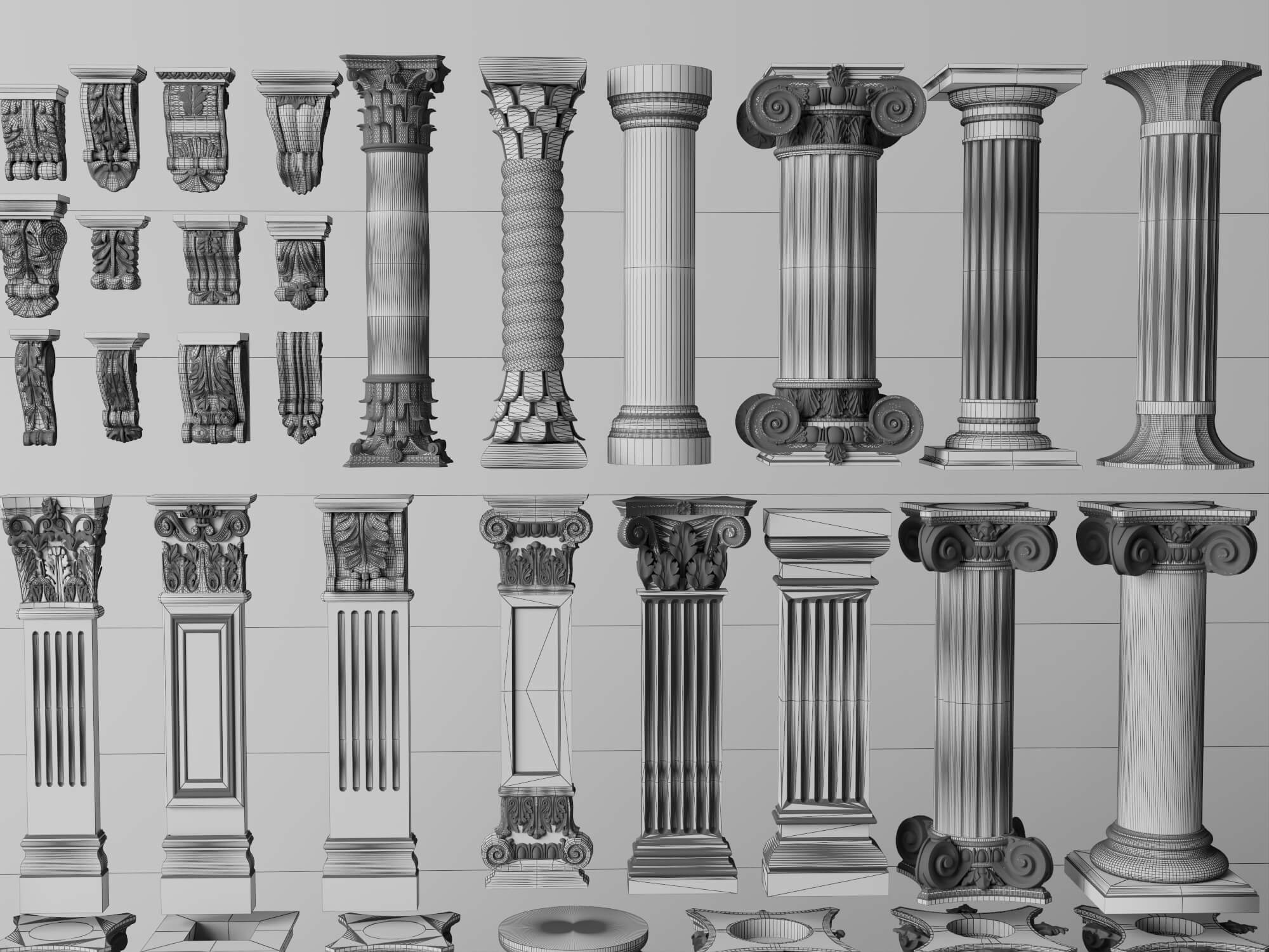 Classical Plaster Columns and Capitals Pack 3D Model