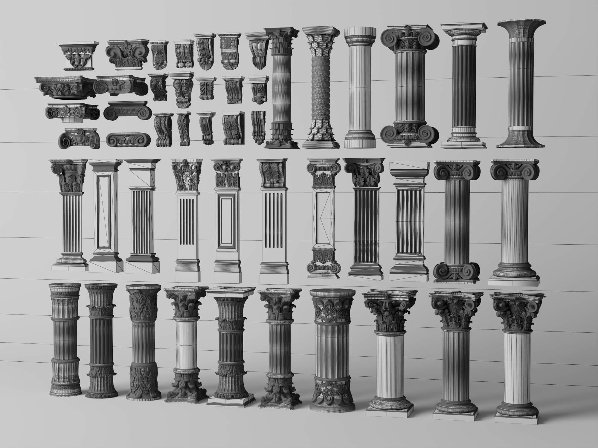 Classical Plaster Columns and Capitals Pack 3D Model