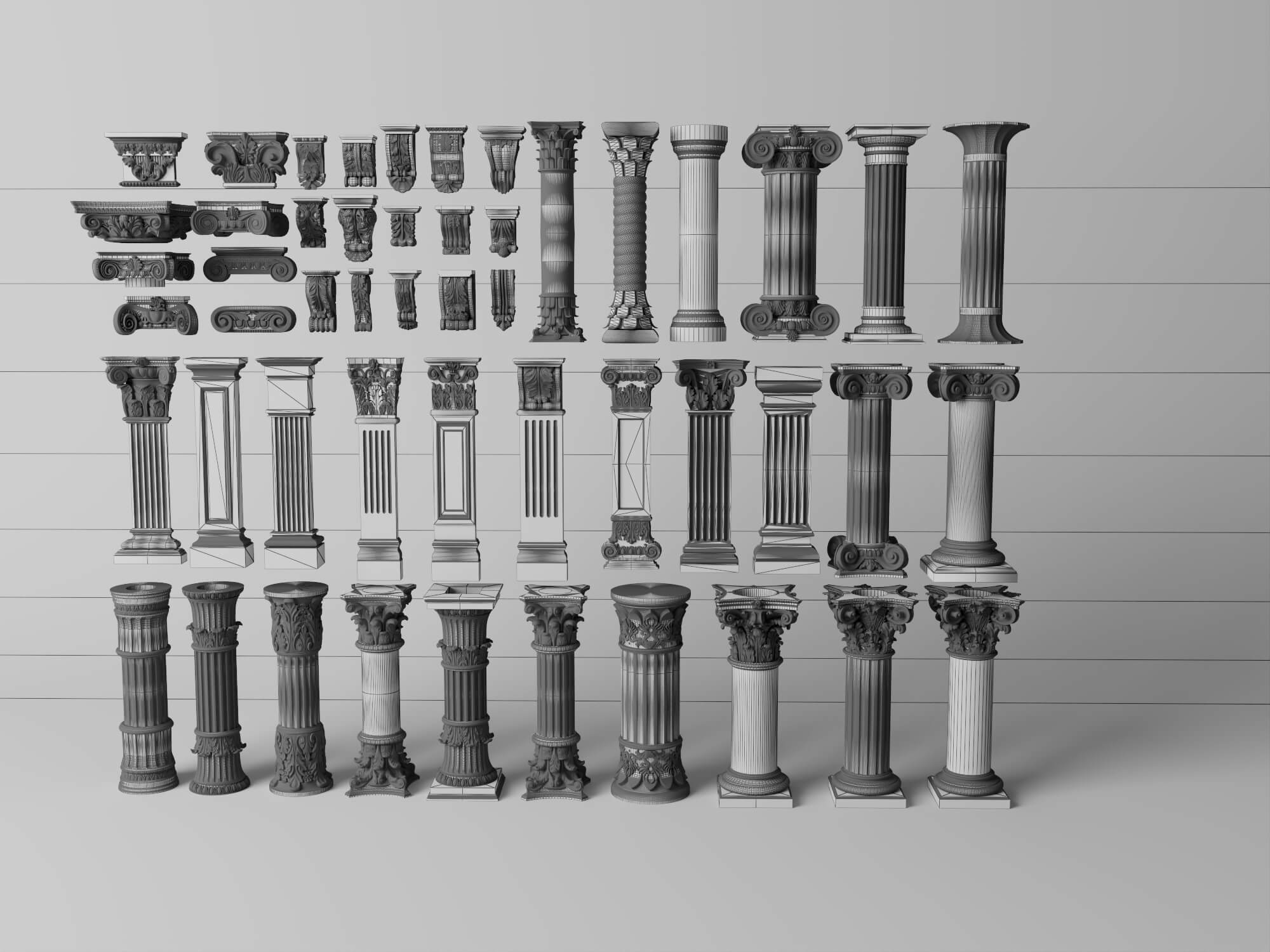Classical Plaster Columns and Capitals Pack 3D Model