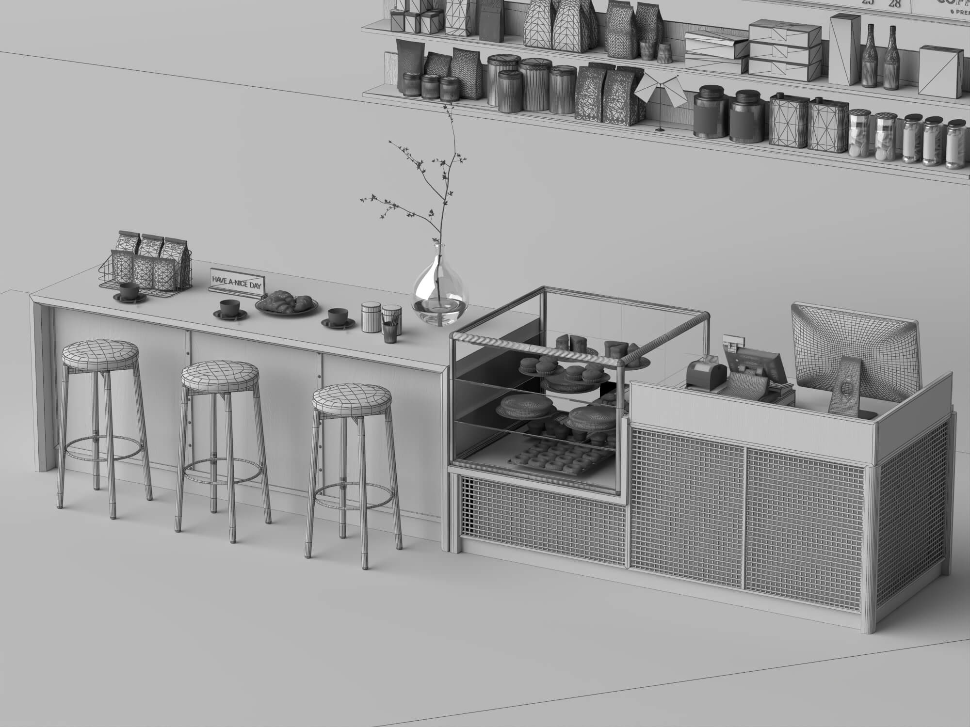 Coffee Shop Counter Interior Scene 3D Model