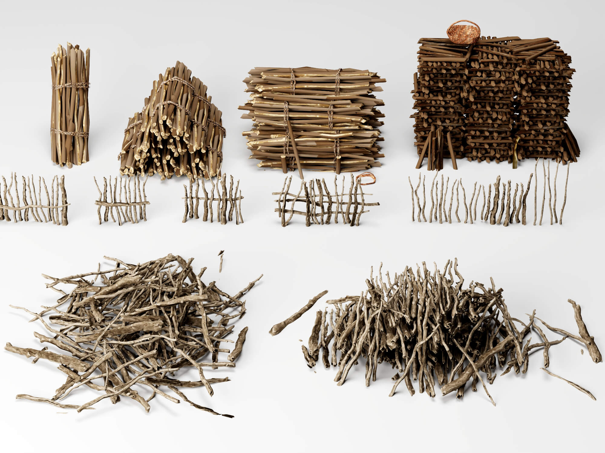Dry Sticks and Twig Fence Pack Lowpoly 3D Model 3D Model