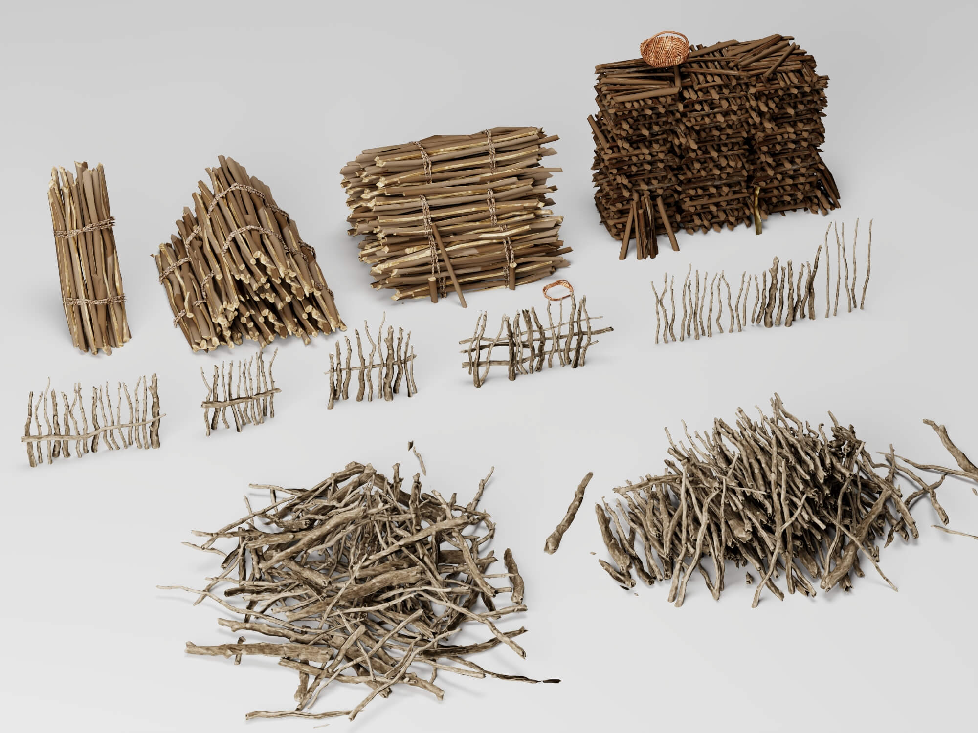 Dry Sticks and Twig Fence Pack Lowpoly 3D Model 3D Model