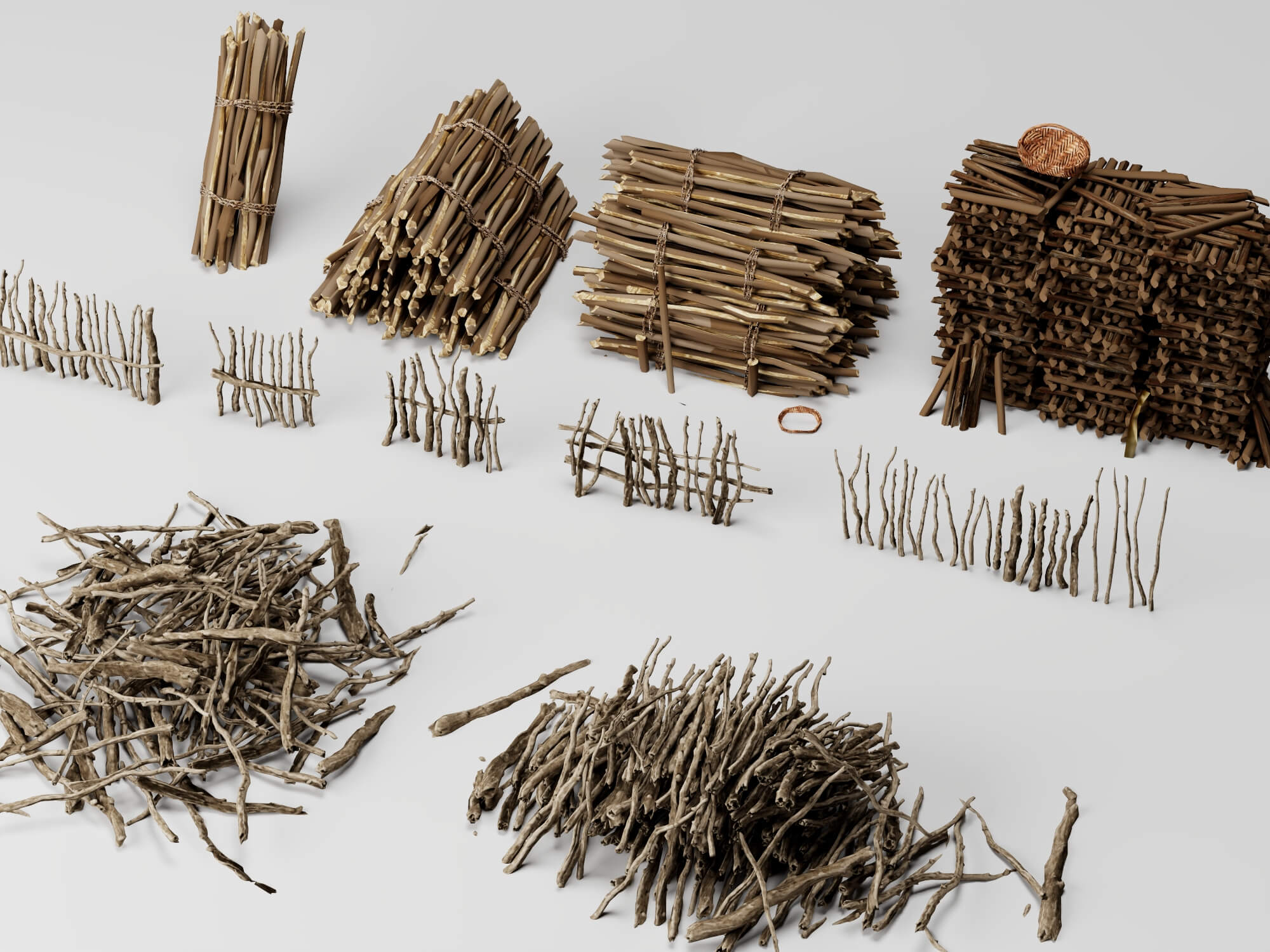 Dry Sticks and Twig Fence Pack Lowpoly 3D Model 3D Model