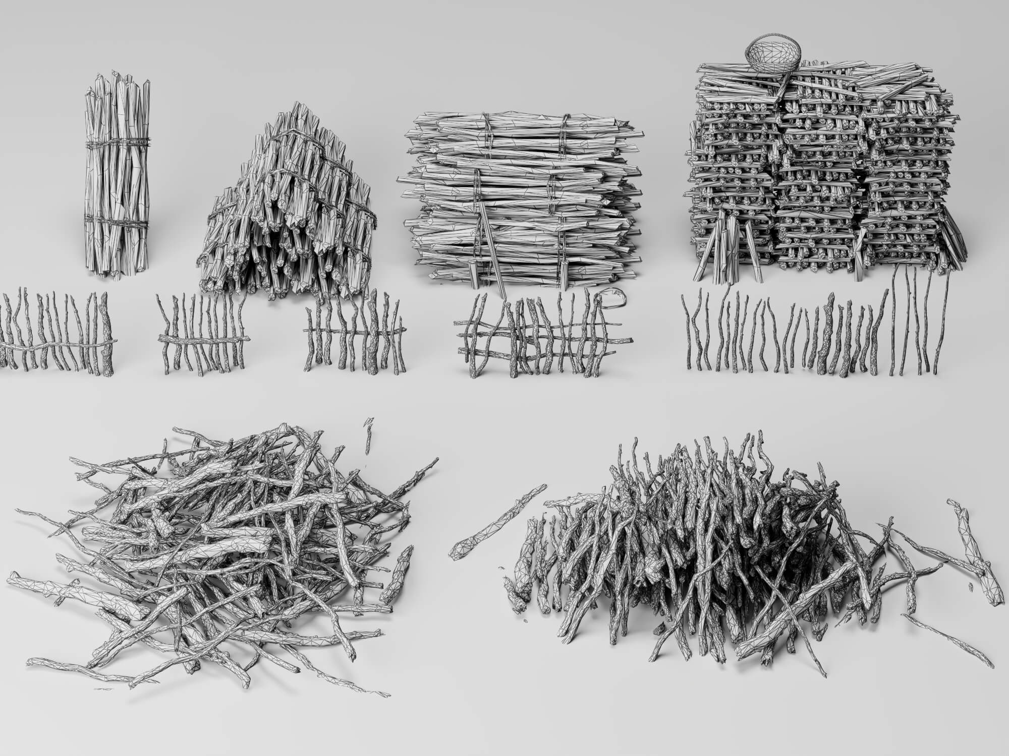Dry Sticks and Twig Fence Pack Lowpoly 3D Model 3D Model