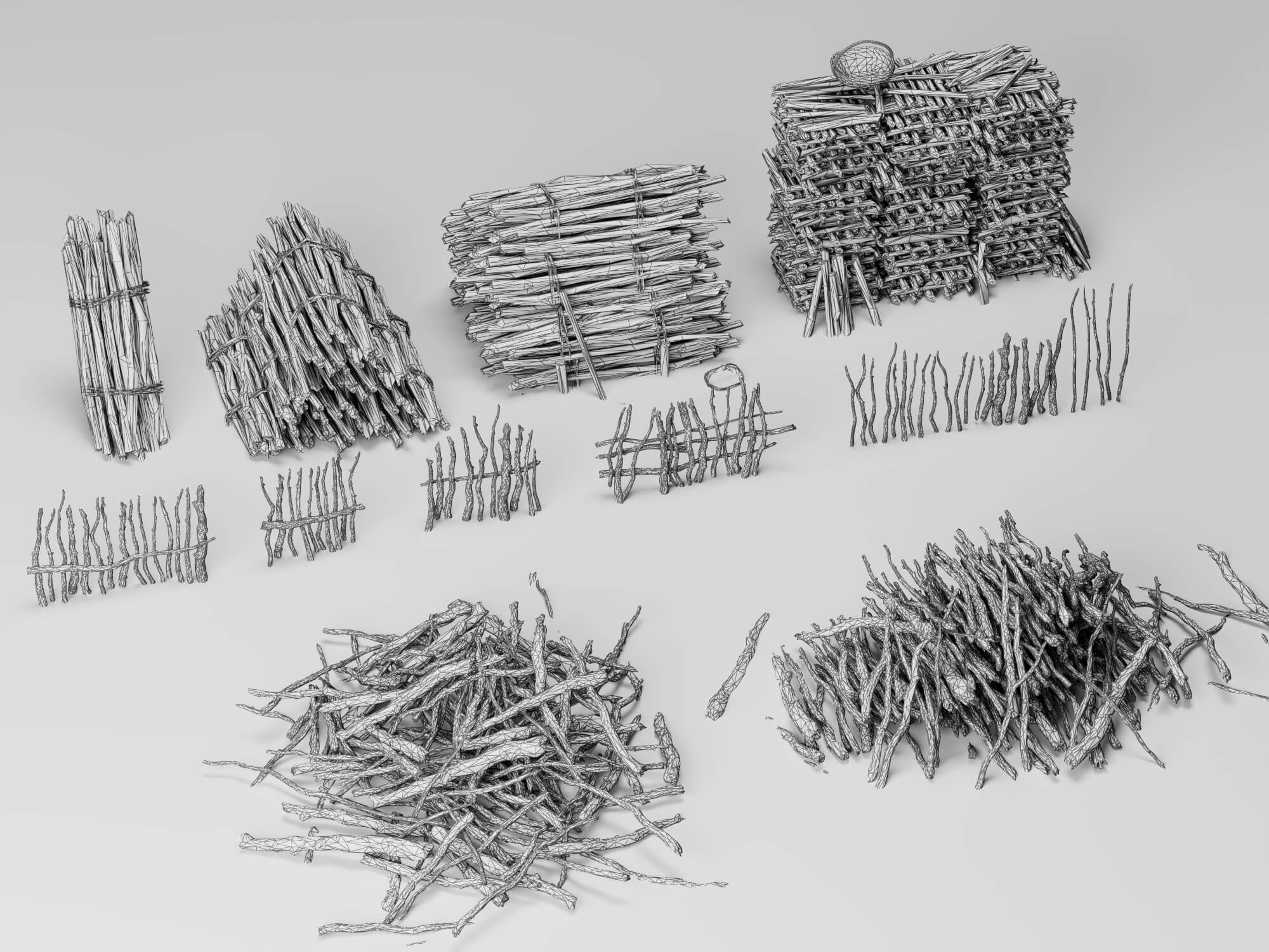 Dry Sticks and Twig Fence Pack Lowpoly 3D Model 3D Model
