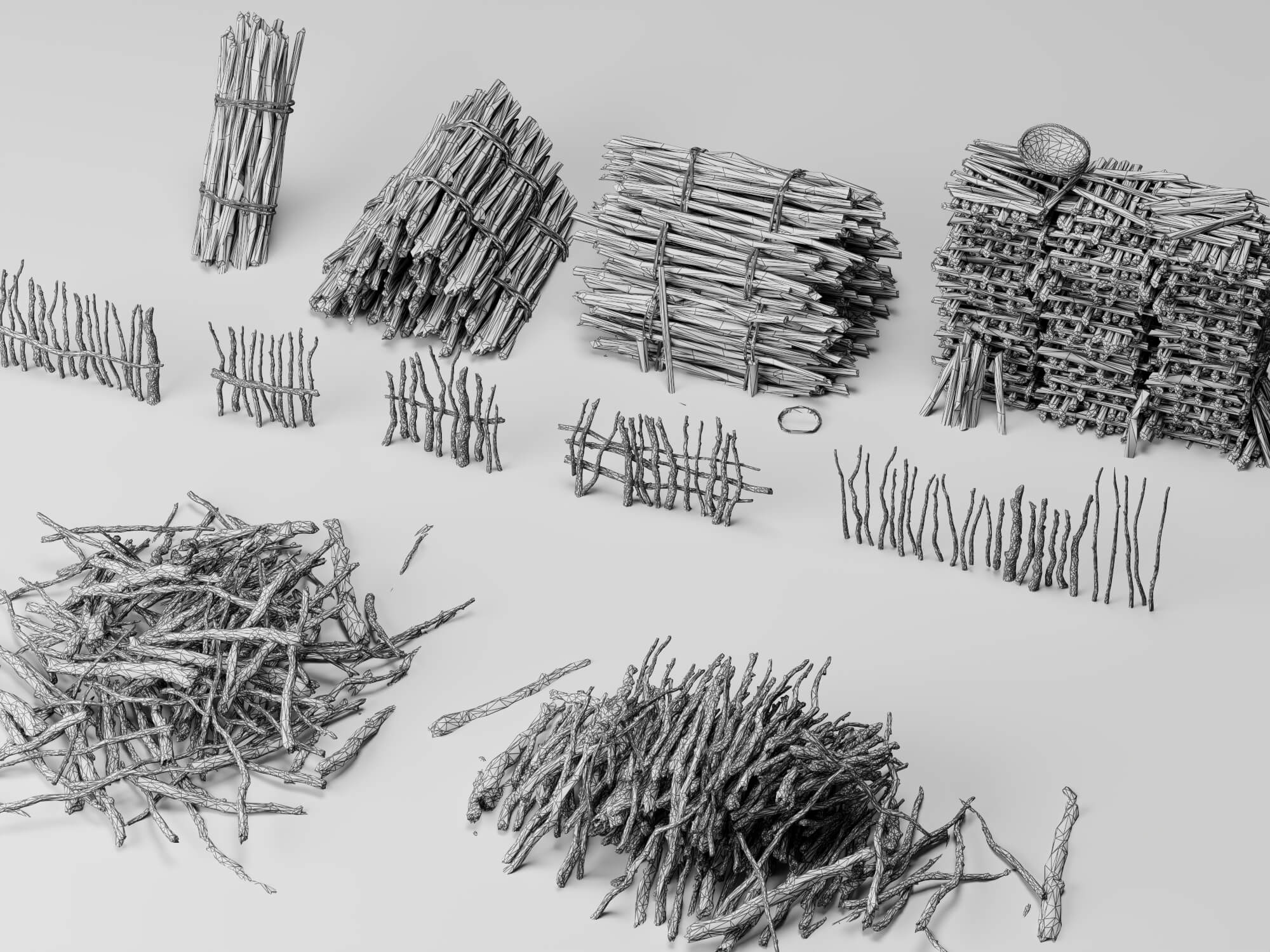 Dry Sticks and Twig Fence Pack Lowpoly 3D Model 3D Model