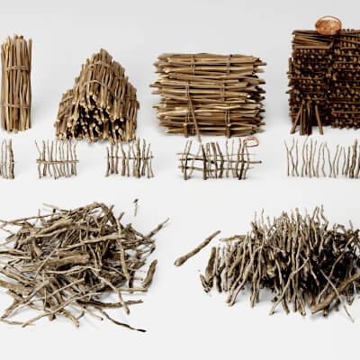 Dry Sticks and Twig Fence Pack Lowpoly 3D Model