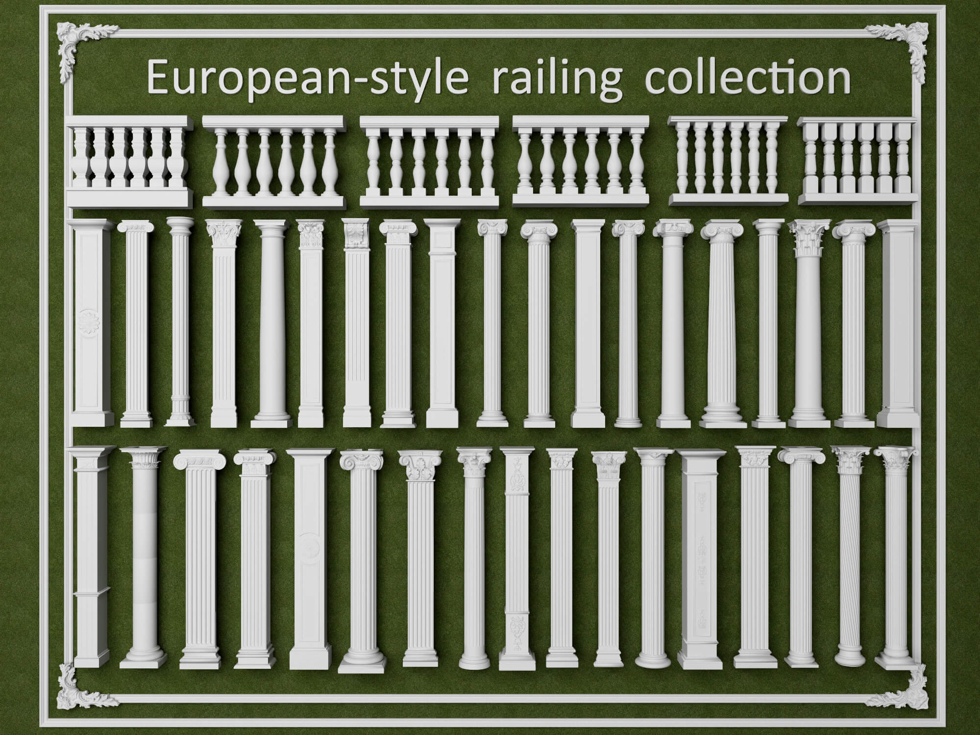 European Style Railing and Classical Column Collection 3D Model