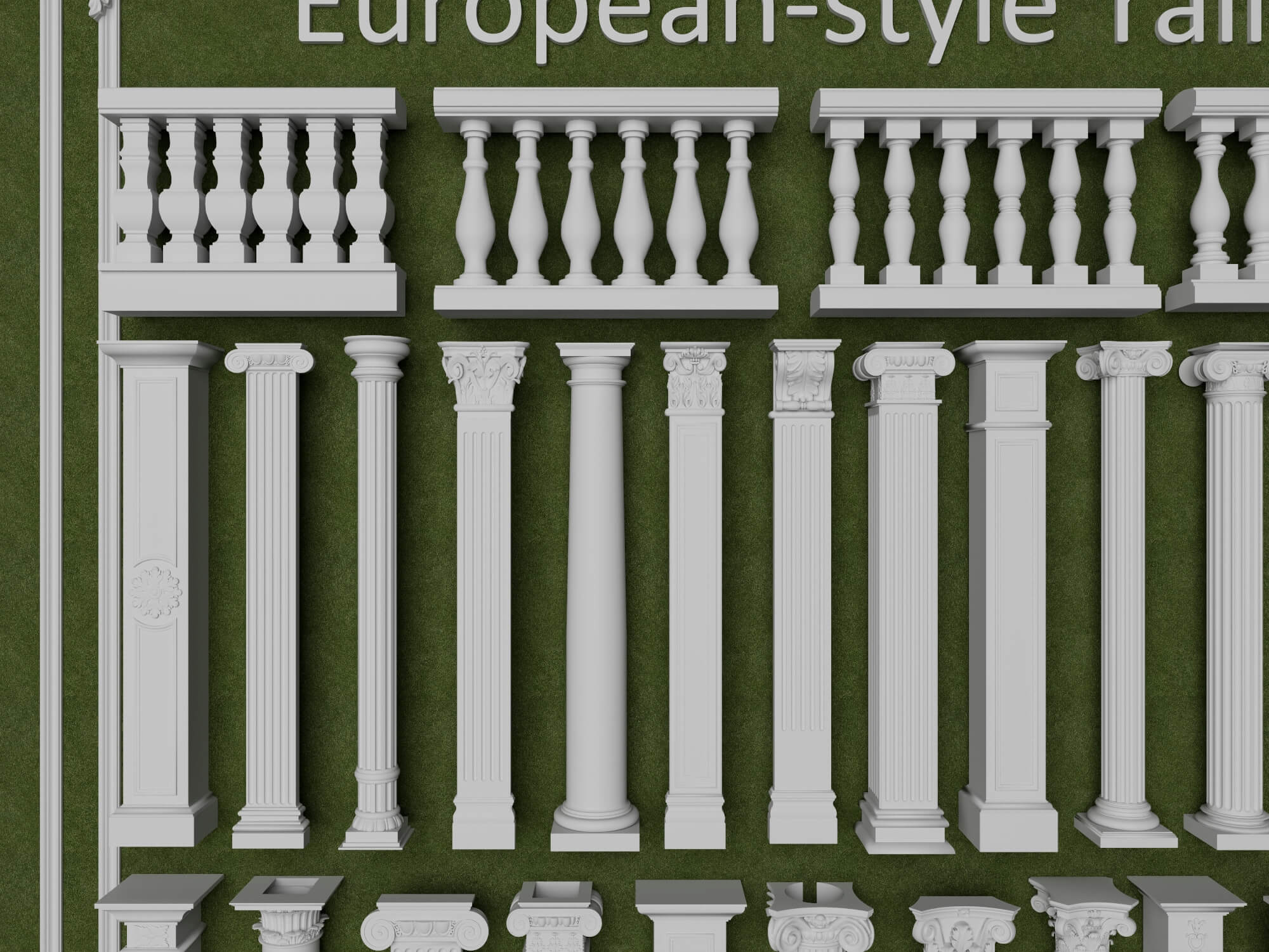 European Style Railing and Classical Column Collection 3D Model
