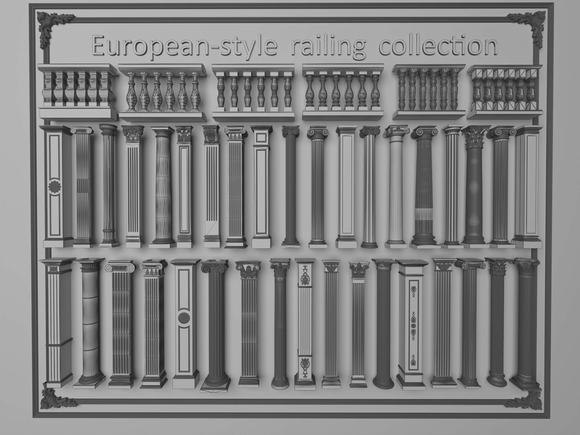 European Style Railing and Classical Column Collection 3D Model