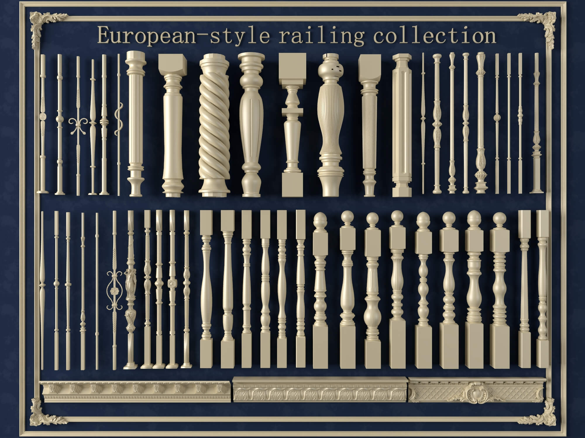 European Style Railing Baluster and Base Molding Collection 3D Model