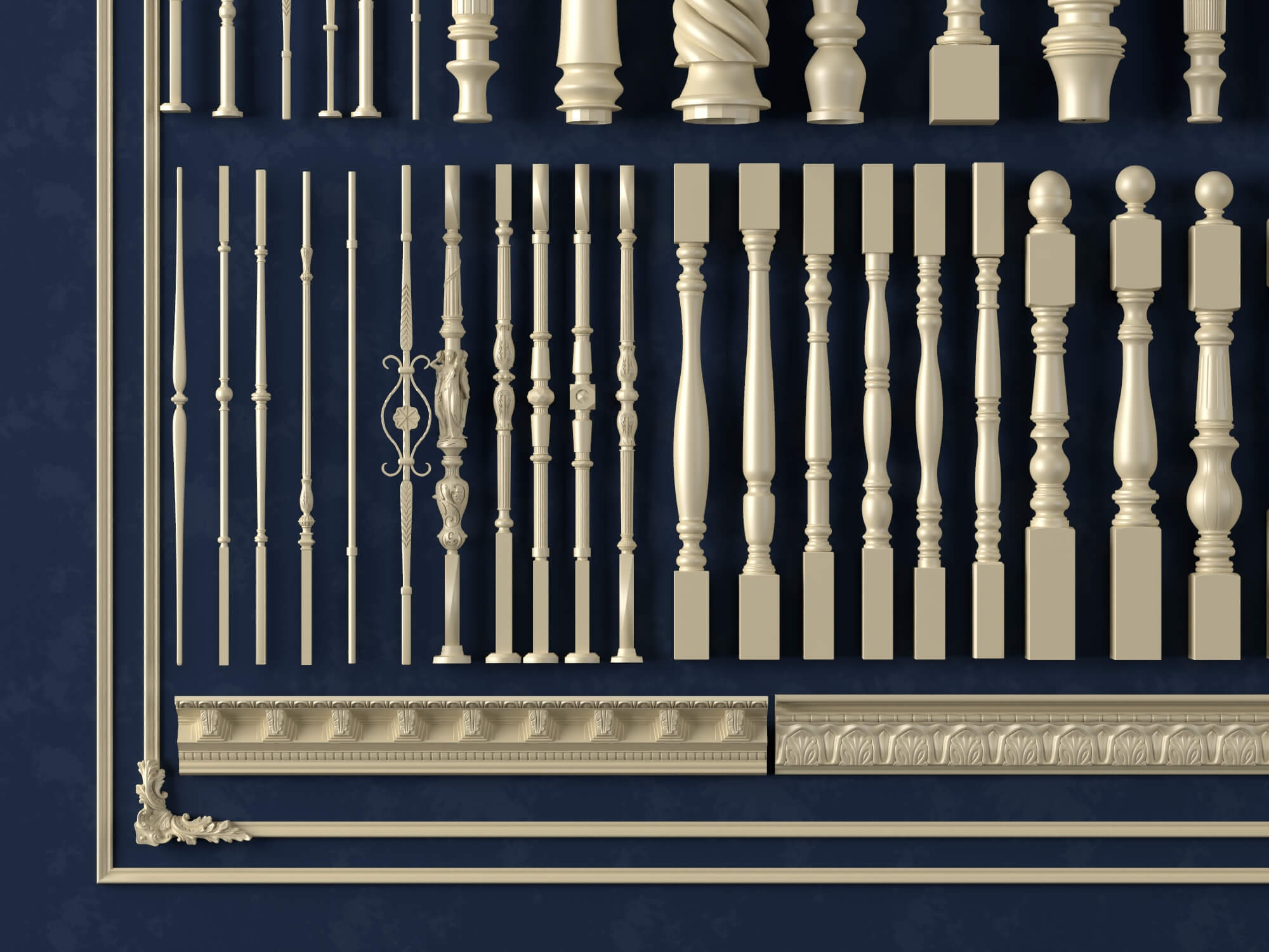 European Style Railing Baluster and Base Molding Collection 3D Model